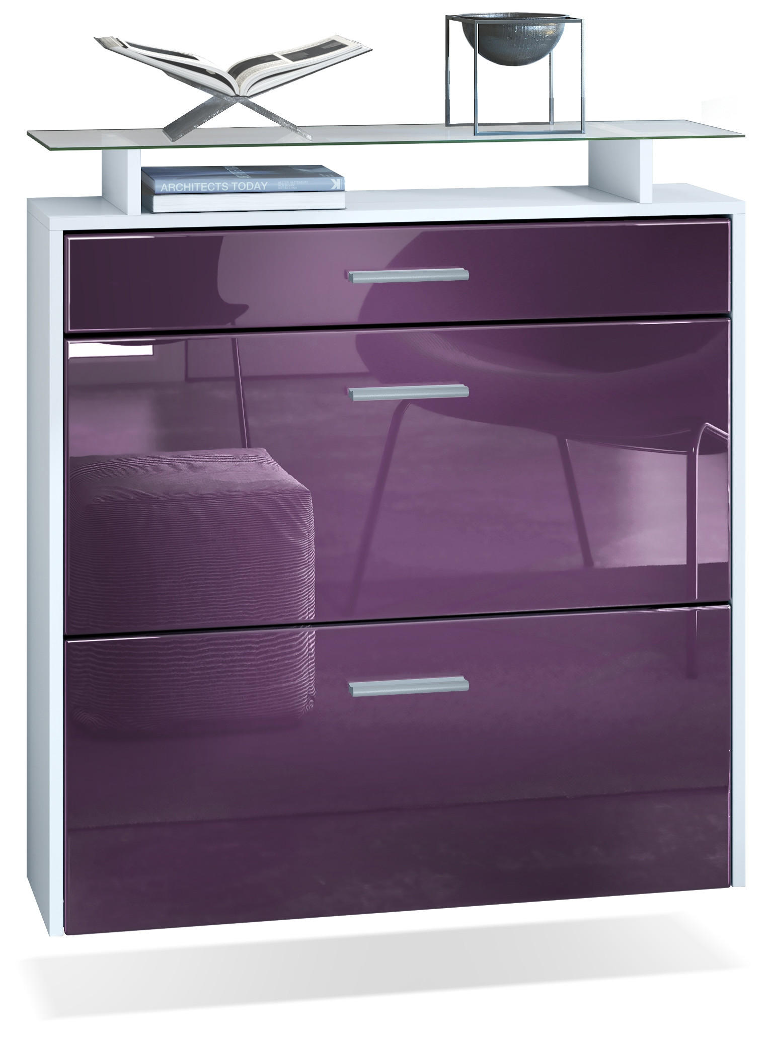 SCHUHSCHRANK Malea Front in Brombeer Hochglanz - Brombeere, Holzwerkstoff (89/96/23cm) - Vladon