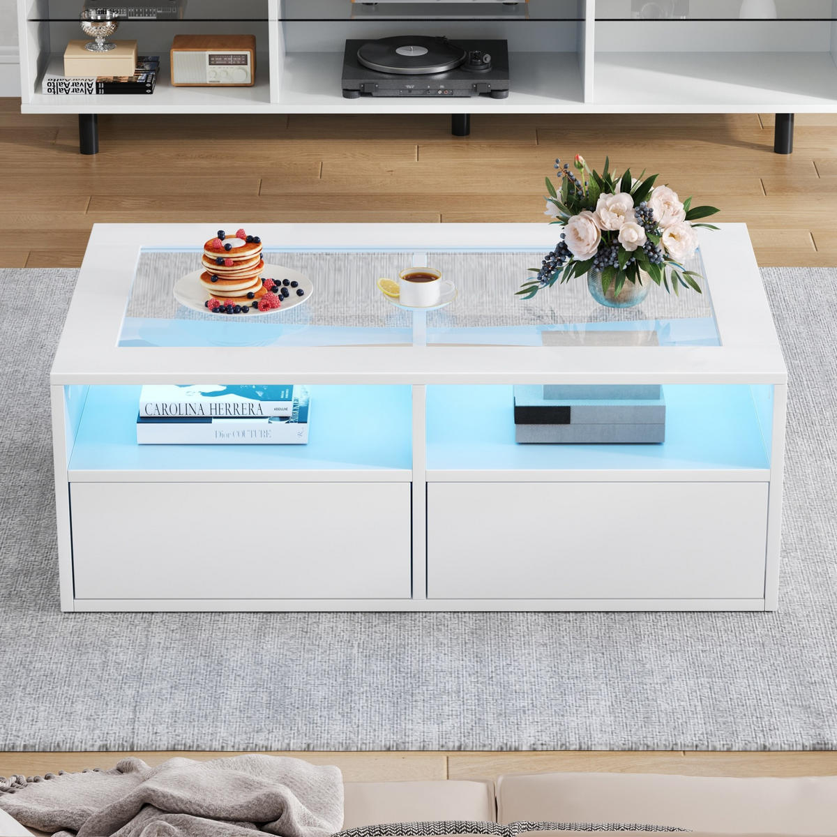 COUCHTISCH aus Glas und Spanplatte 100x50x35 cm Weiß mit LED-Beleuchtung, 2 Schubladen und USB-Anschluss - Weiß, Holzwerkstoff (100/50/35cm) - IVMEU