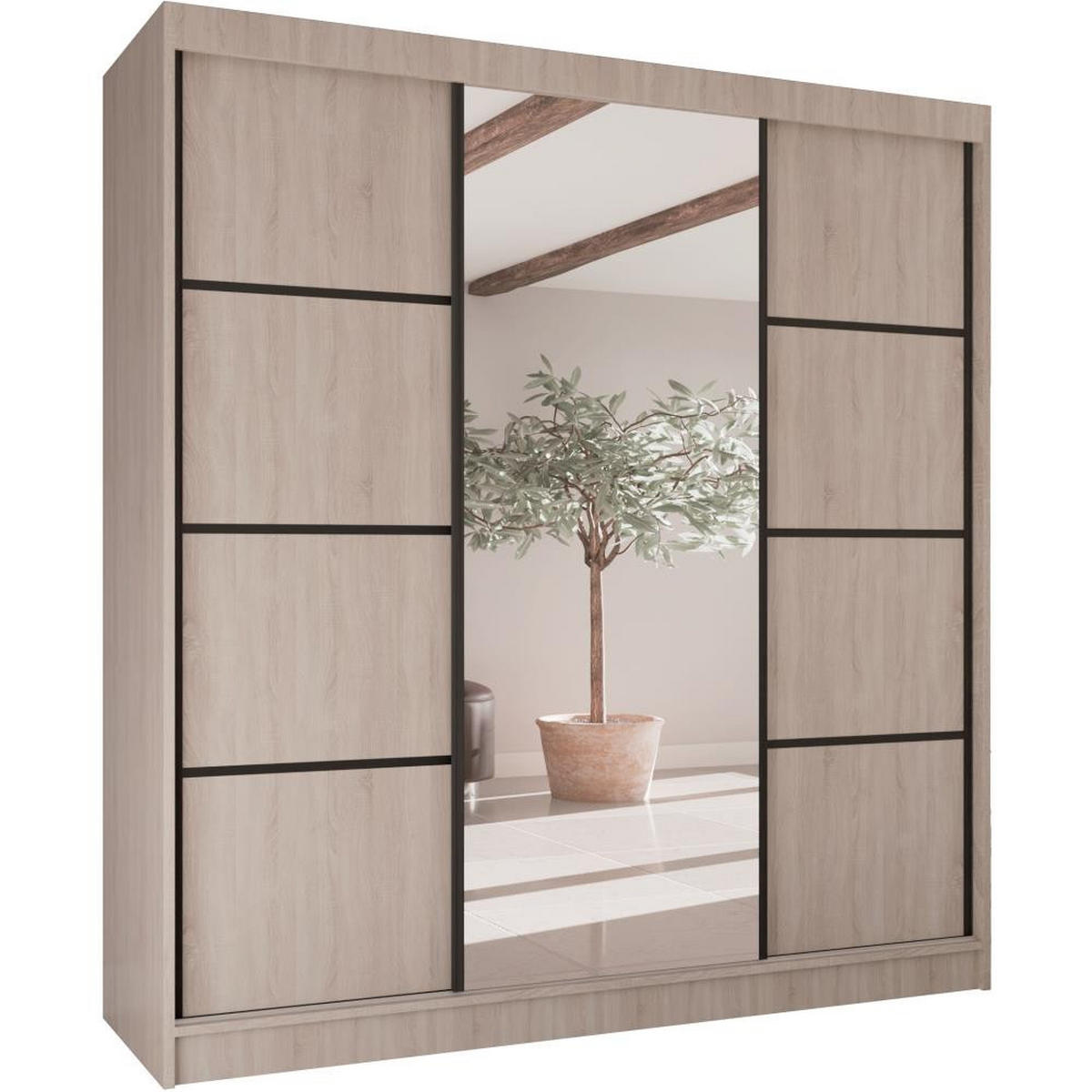 SCHWEBETÜRENSCHRANK Vilo II 200/61/215 eiche sonoma+schwarz - Schwarz/Sonoma Eiche, Holzwerkstoff (200/215/61cm) - Beautysofa