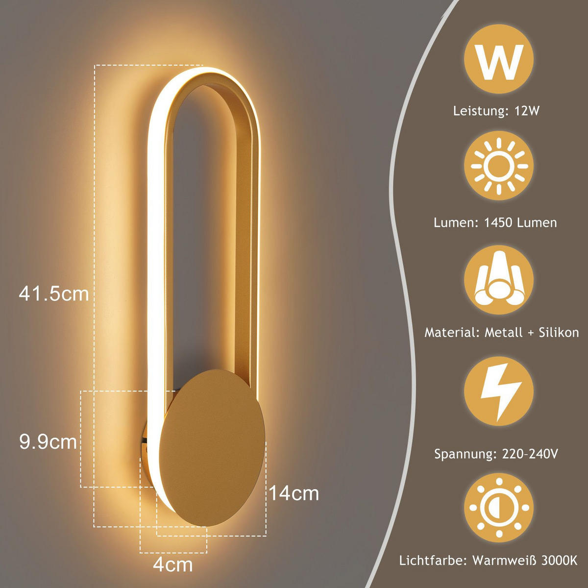 LED WANDLEUCHTE FRANKFURT II 41.5/14/4 cm - Goldfarben, Metall (14/4/41.5cm) - Nettlife