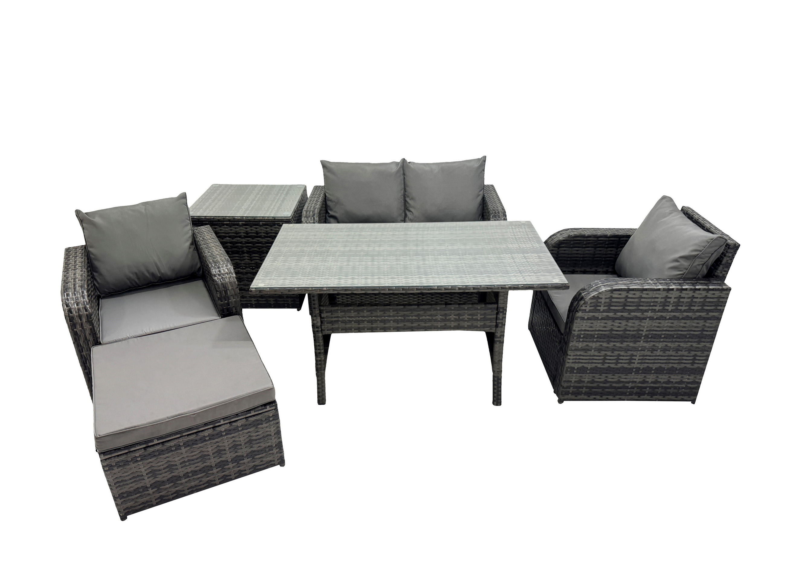 GARTENMÖBEL SET mit Zweisitzer Polyrattan 5-Sitzer - Dunkelgrau/Grau, Glas/Kunststoff - Fimous