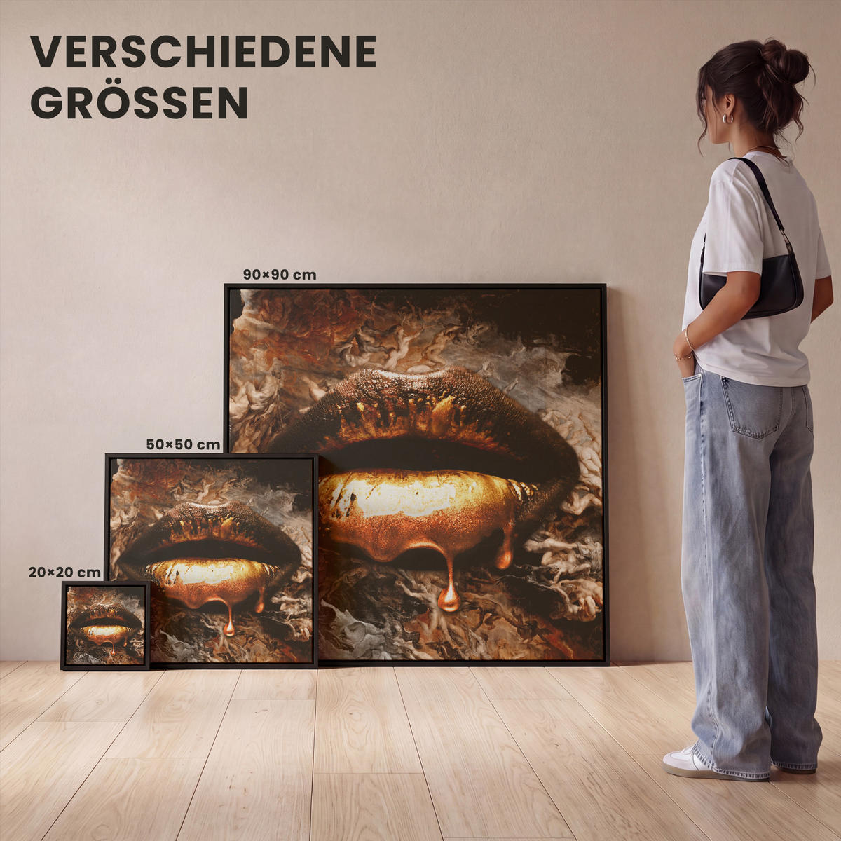 LEINWAND Bilder mit Rahmen - Gold - Lippen - Kunst - Gold - Luxus - Abstrakt - 50x50 - Kupferfarben, Textil (50/50cm) - MuchoWow