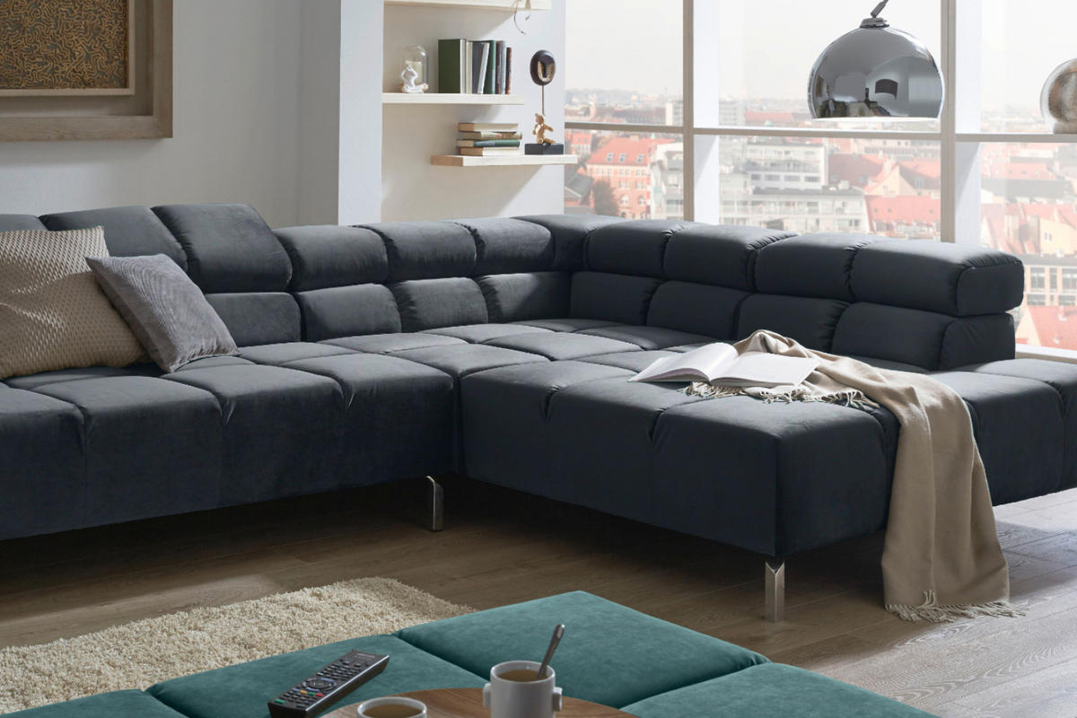 ECKSOFA NELSON Schwarz Velvet - Silberfarben/Schwarz, Textil (321/216cm) - KAWOLA