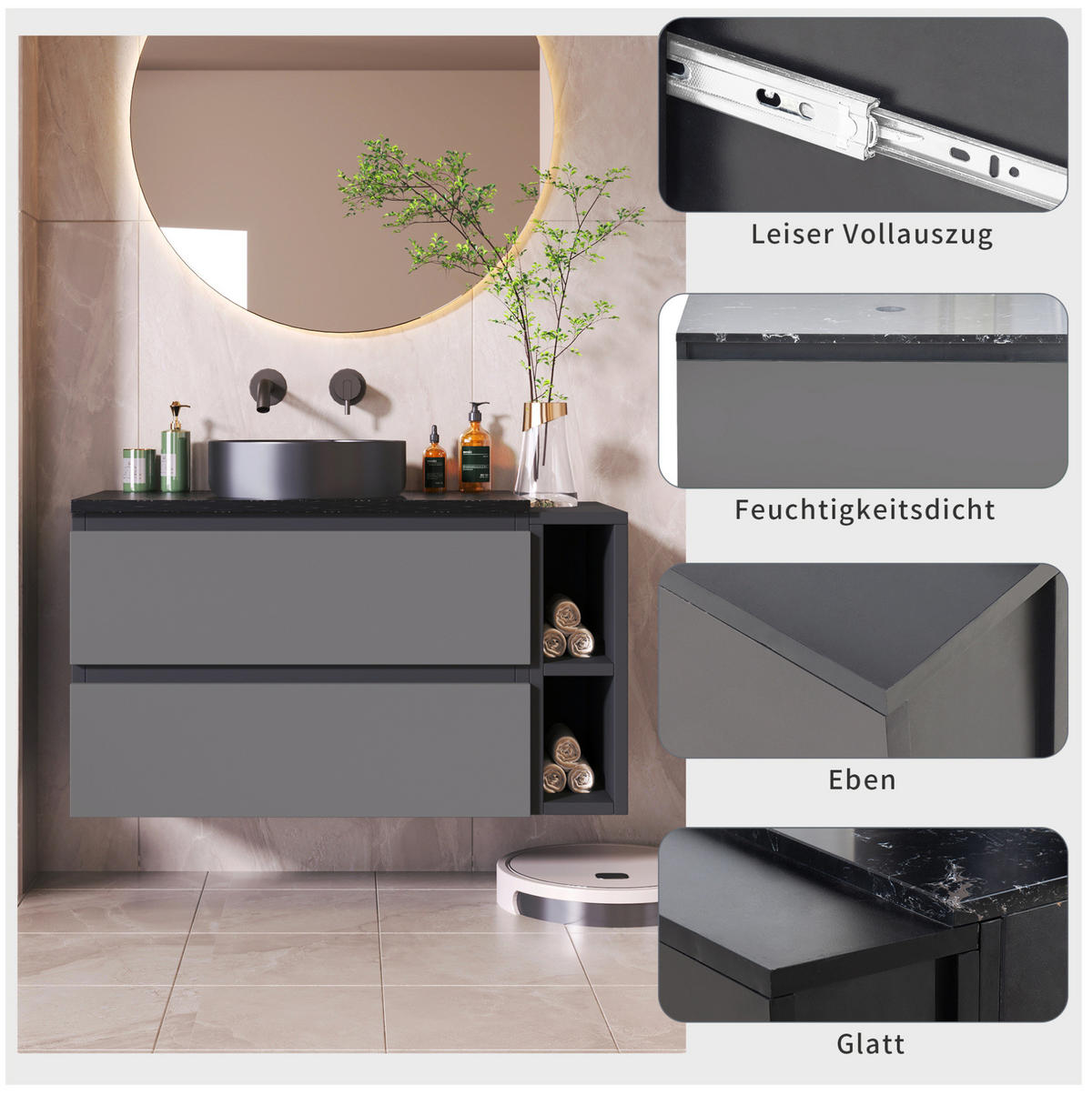 WASCHTISCHKOMBI mit Aufsatzbecken in Schwarz/Grau mit Schubladen - Schwarz, Holzwerkstoff (80/48.5/44cm) - BEAOK
