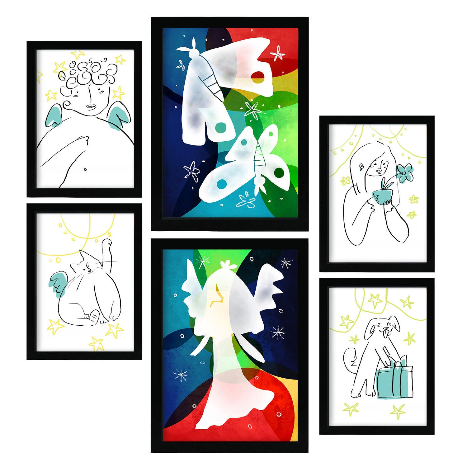 POSTER Set Mit 6 Flügel Der Liebe 1 In Tiere Zusammenfassungen A3 & A4 Schwarzer Rahmen - Schwarz, Papier (29/3cm) - Nacnic