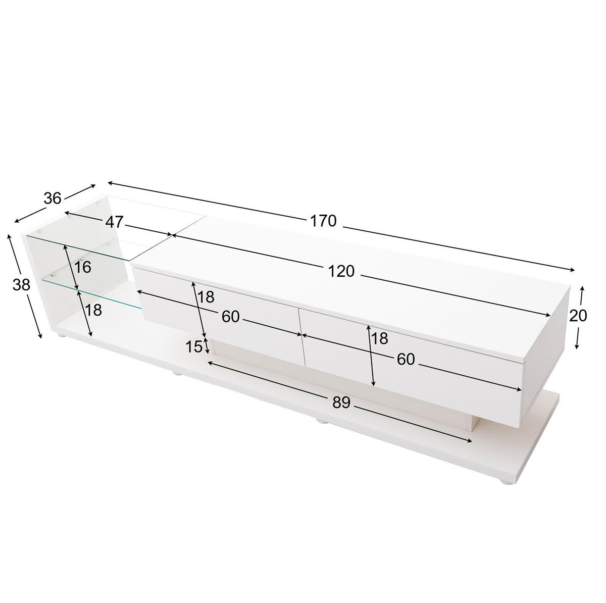 TV-SCHRANK 170/36/38 cm hochglänzend Weiß mit variablem LED-Beleuchtung und 2 Schubladen - Weiß, Holzwerkstoff (170/38/36cm) - OKWISH