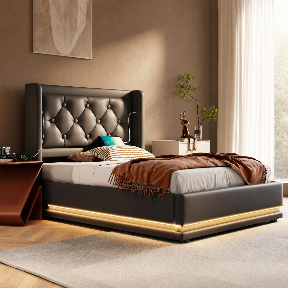 POLSTERBETT 90/200 cm in Schwarz mit Bettkasten, LED, USB und Type-C im Chesterfield-Design - Schwarz, Holzwerkstoff/Textil (90/200cm) - STILVORA