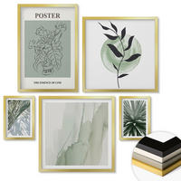WANDBILDER 5er Set - 50x50 cm & 20x30 cm & 40x60 cm Goldrahmen - Grün-beige Pflanzenmuster - Goldfarben, Kunststoff (40/60cm) - ArtPrintCave