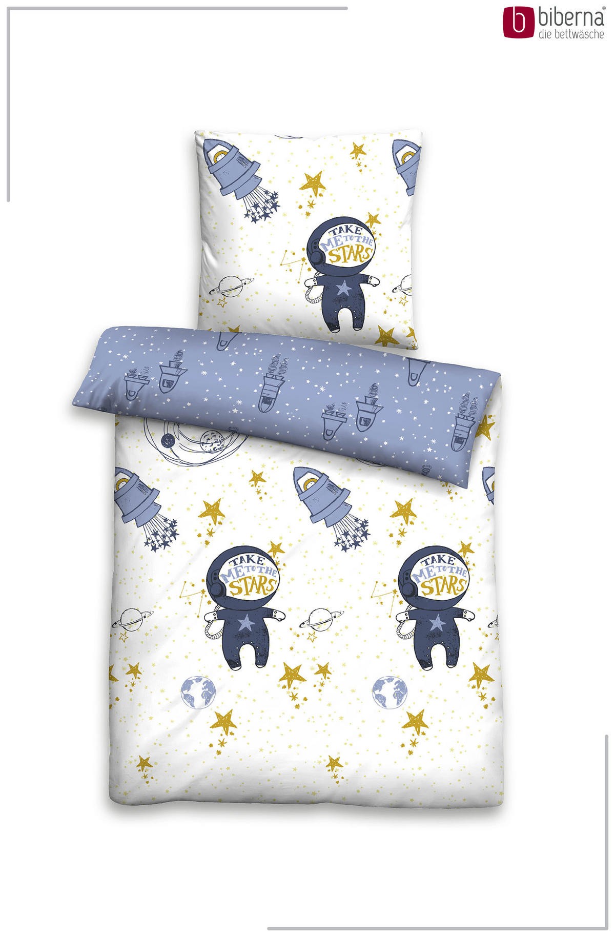BETTWÄSCHE-GARNITUR Premium Biber Weltraum eisblau, 135x200 cm + 80x80 cm - Hellblau, Textil (135/200cm) - biberna