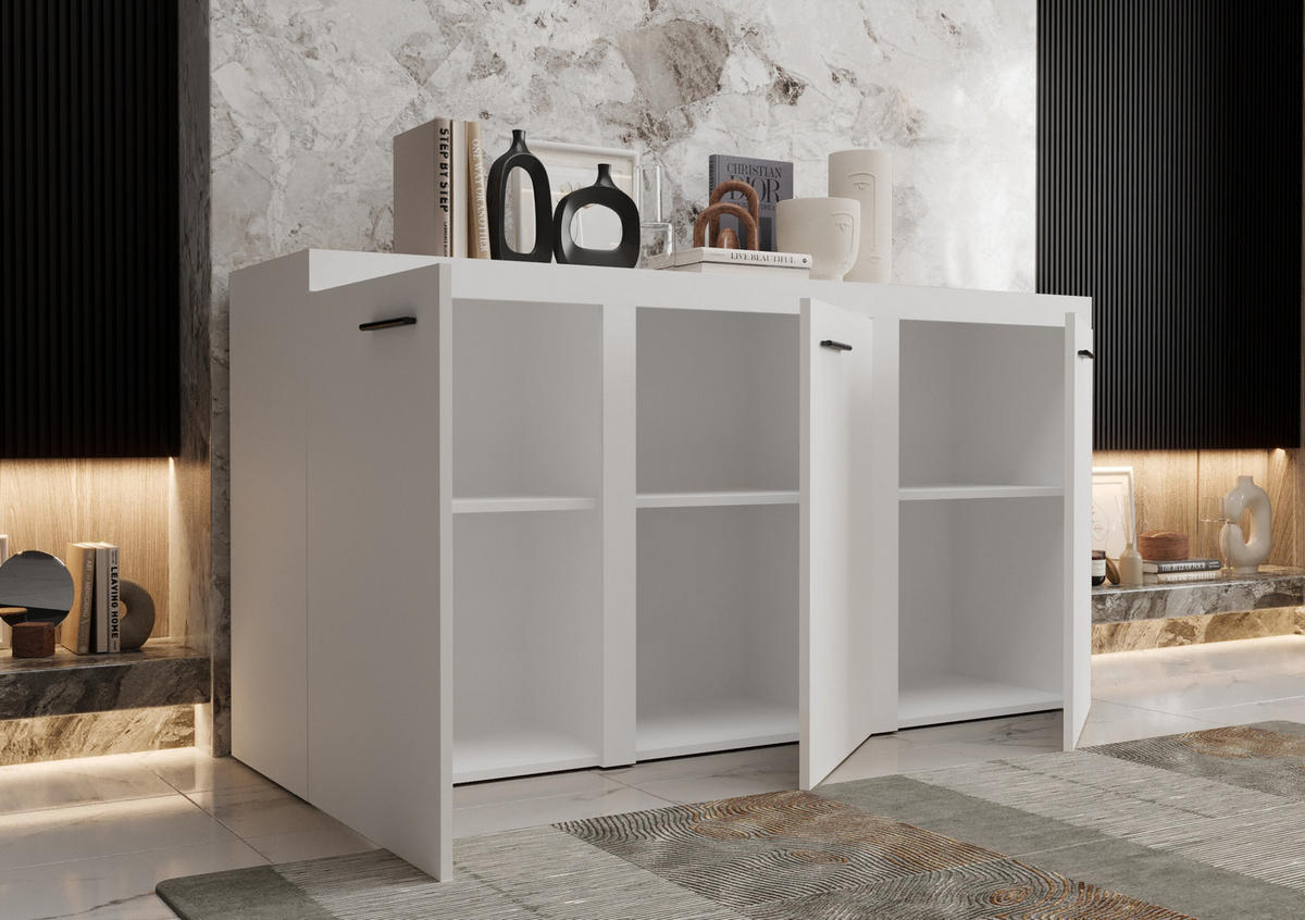 KOMMODE London LRXK mit 3 Türen, Sideboard in Farbe: Weiß, Größe: 149 x 82 x 40 cm - Weiß, Holzwerkstoff (149/82/40cm) - O-Sofa