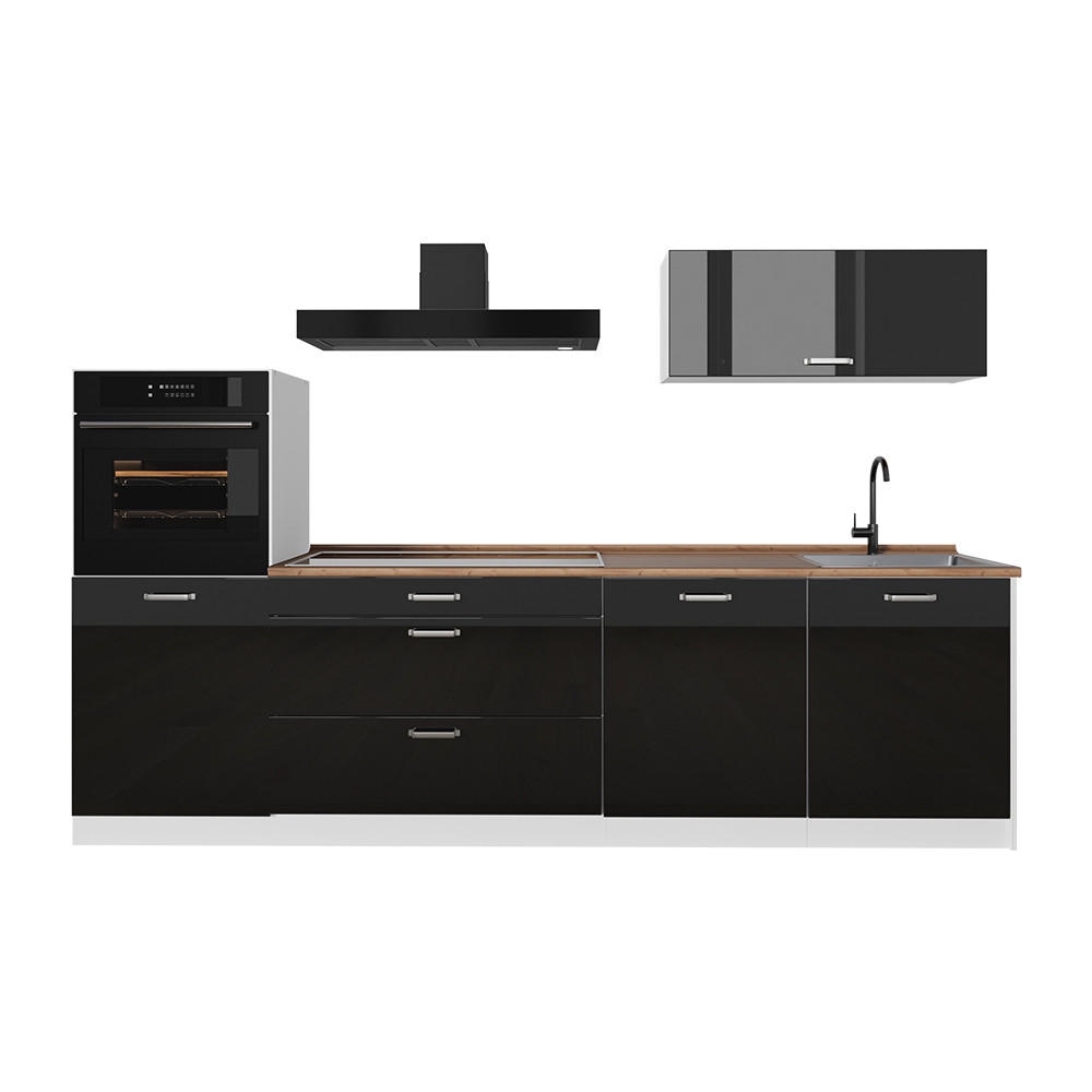 Vicco Küchenzeile Schwarz Hochglanz, Weiß 280x143x60 cm
