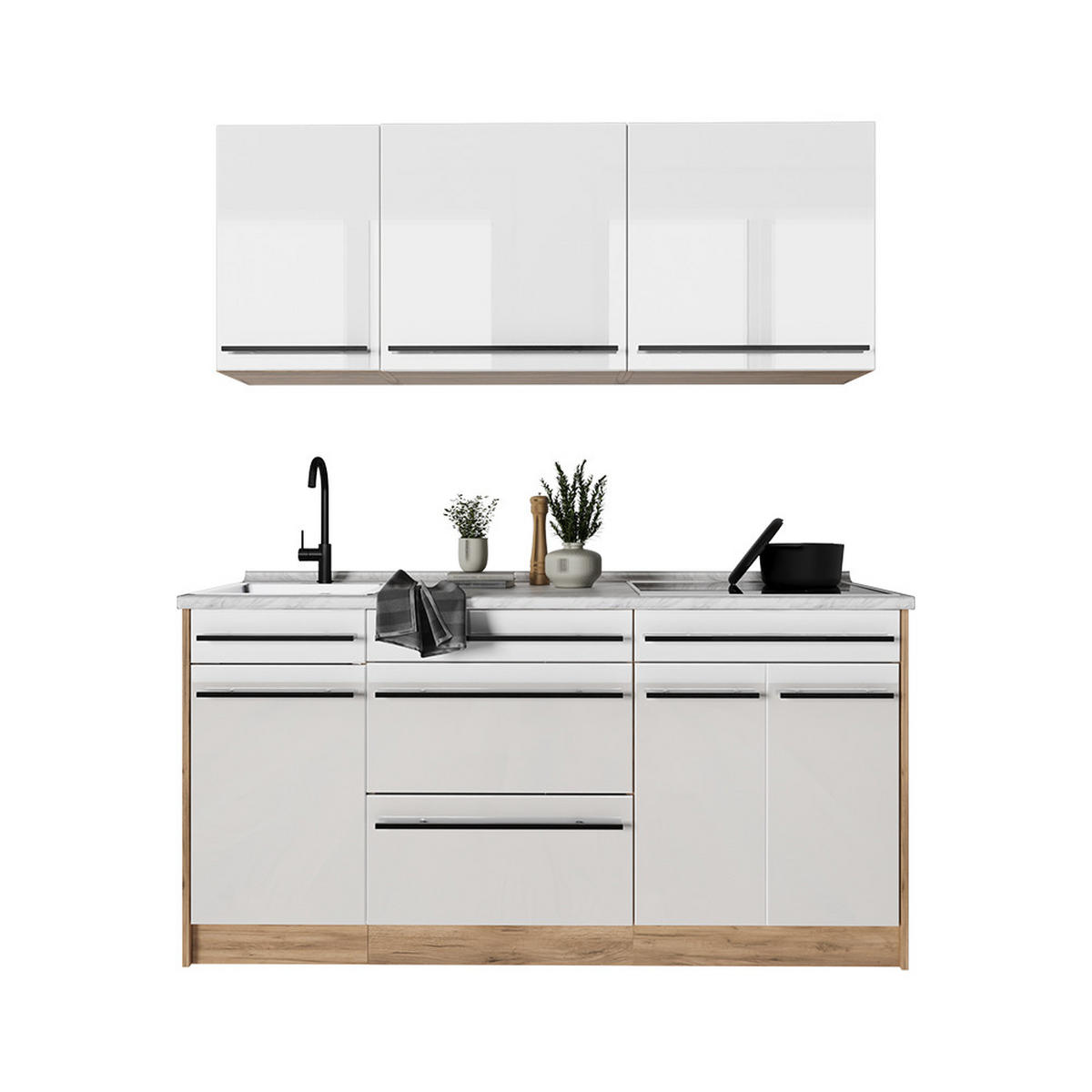SINGLEKÜCHE R-Line, Weiß Hochglanz/Goldkraft Eiche, 160 cm Arbeitsplatte Goldkraft Eiche - Honigeiche/Weiß Hochglanz, Holzwerkstoff (160/81.6/60cm) - Vicco