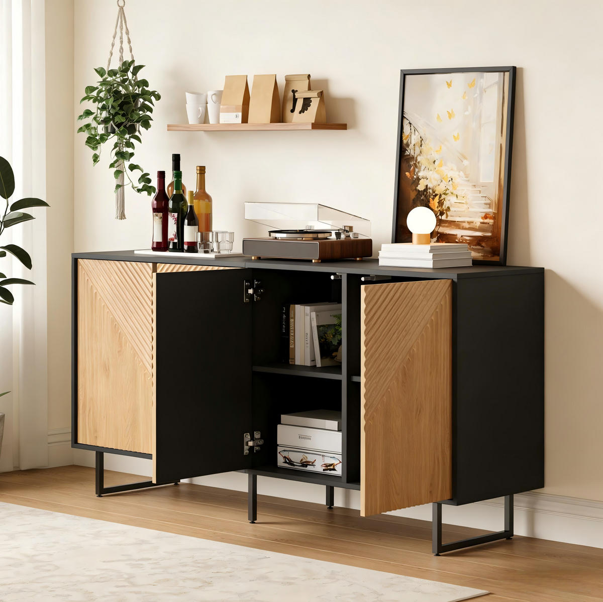SIDEBOARD aus Spanplatte 160x40x75 cm Naturholz-Schwarz mit 4 Türen und 8 Fächern, strukturierter Front - Naturfarben, Holzwerkstoff (160/75/40cm) - Modfu