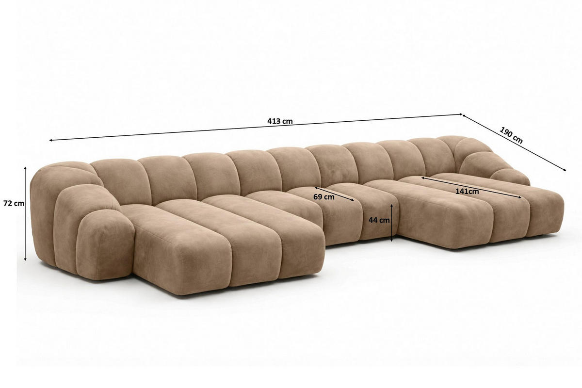 ECKSOFA Modulare U-Form, Veloursstoff Bluvel, Latte, CROISSANT U - Hellbraun, Holz (413/72/190cm) - Kaiser Möbel