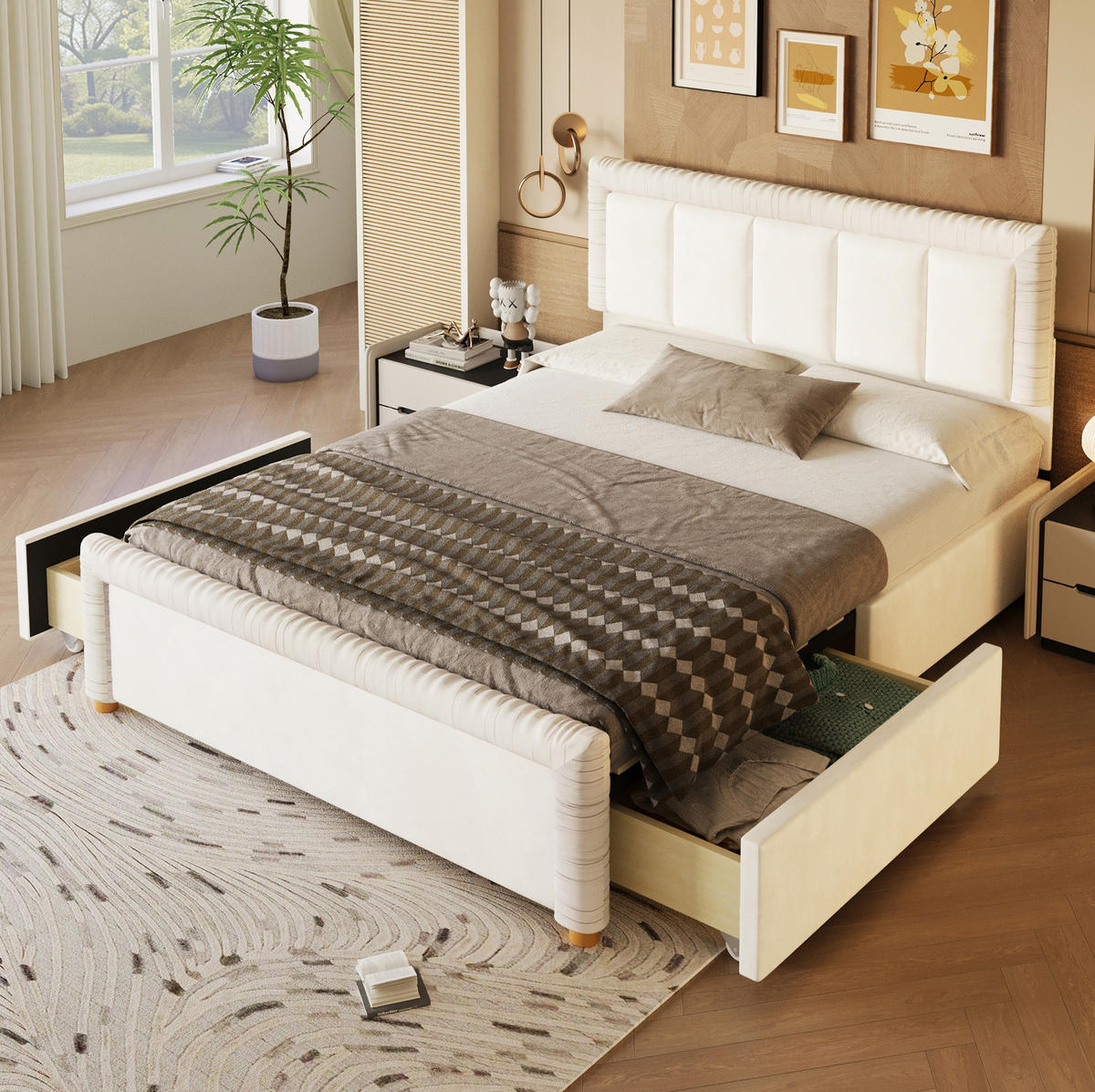 POLSTERBETT aus französischem Samt 140x200 cm Beige mit 2 Schubladen - Beige, Textil (140/200cm) - Modfu
