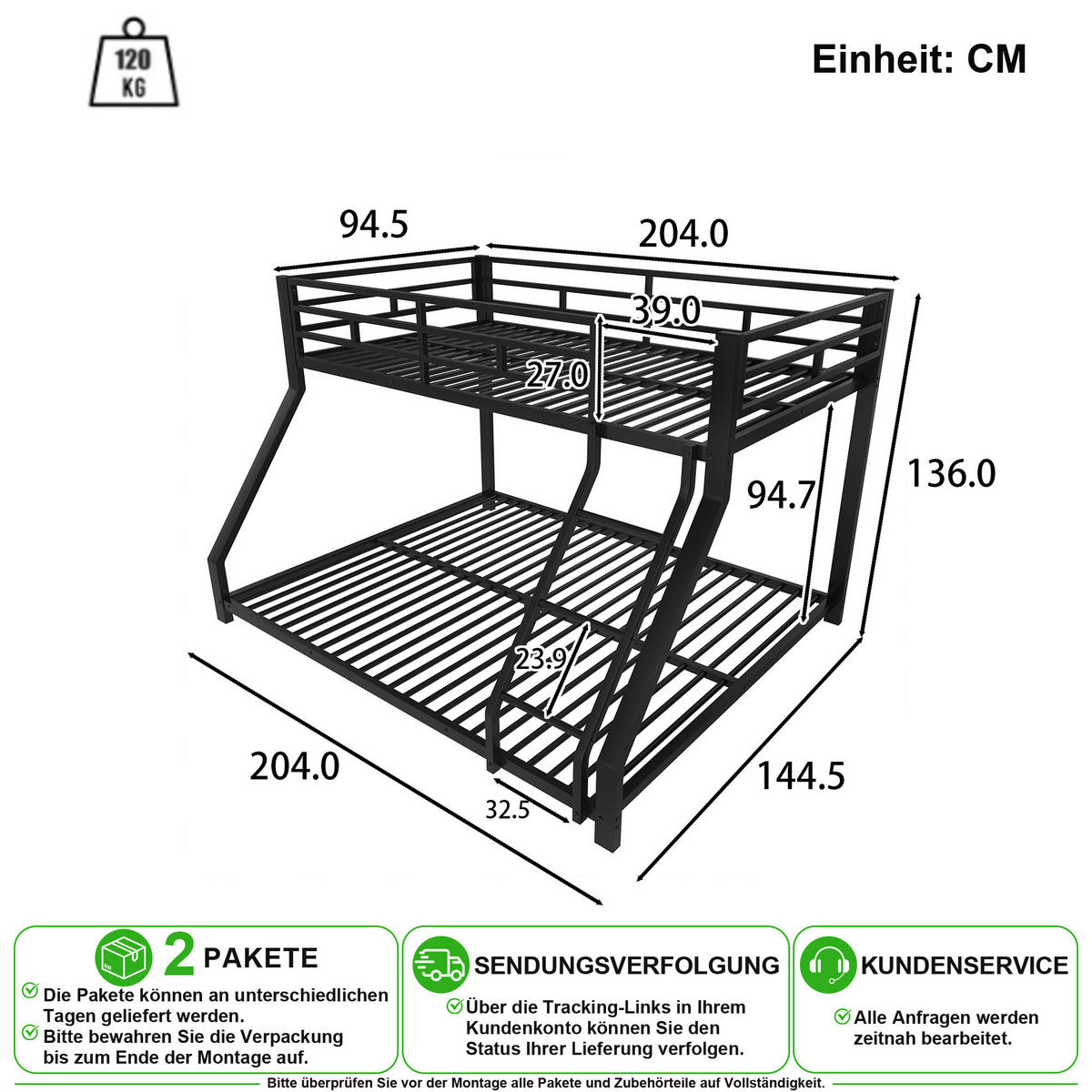 ETAGENBETT 90/200 cm & 140/200 cm in Schwarz mit Geländer und Stufe aus Metall - Schwarz, Metall (90/200cm) - CHICFURN
