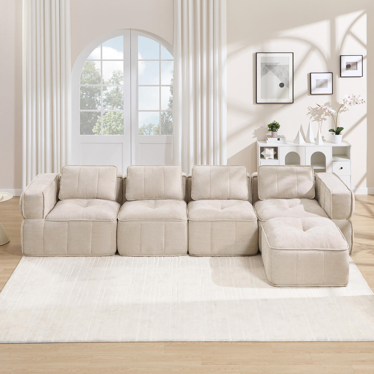 ECKSOFA DE-34428 4-Sitzer L-Form mit Hocker Beige - Beige, Textil (162/344cm) - ComfortXL
