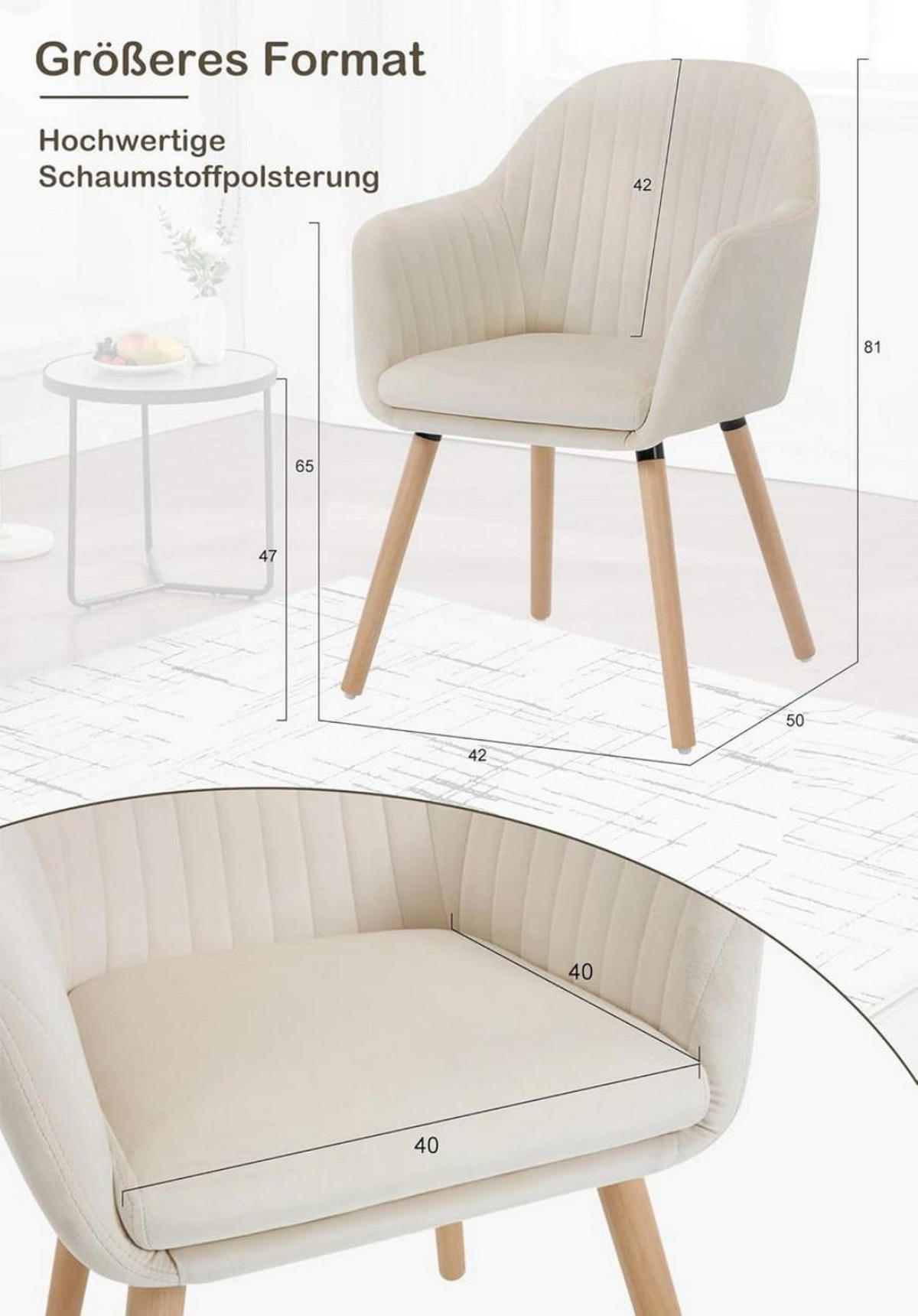 ESSZIMMERSTUHL 4er-Set, Samt, Massivholz, Creme - Creme/Naturfarben, Holz/Textil (42/81/50cm) - Woltu