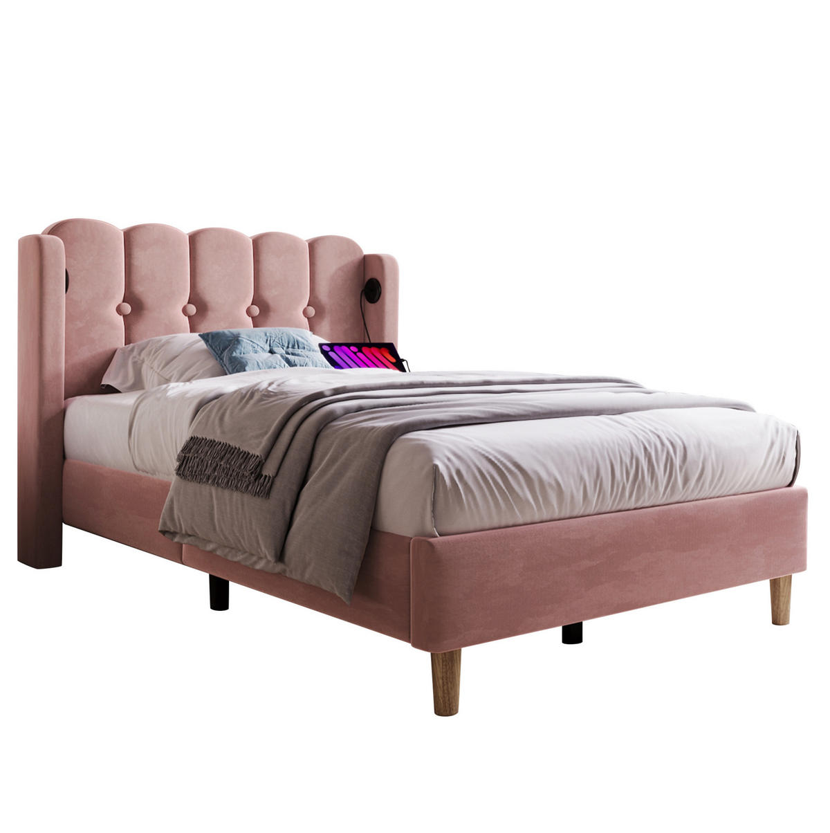 SAMT-POLSTERBETT 90/200 cm Rosa mit gepolstertem Kopfteil und USB-C - Rosa, Textil (90/200cm) - BEAOK