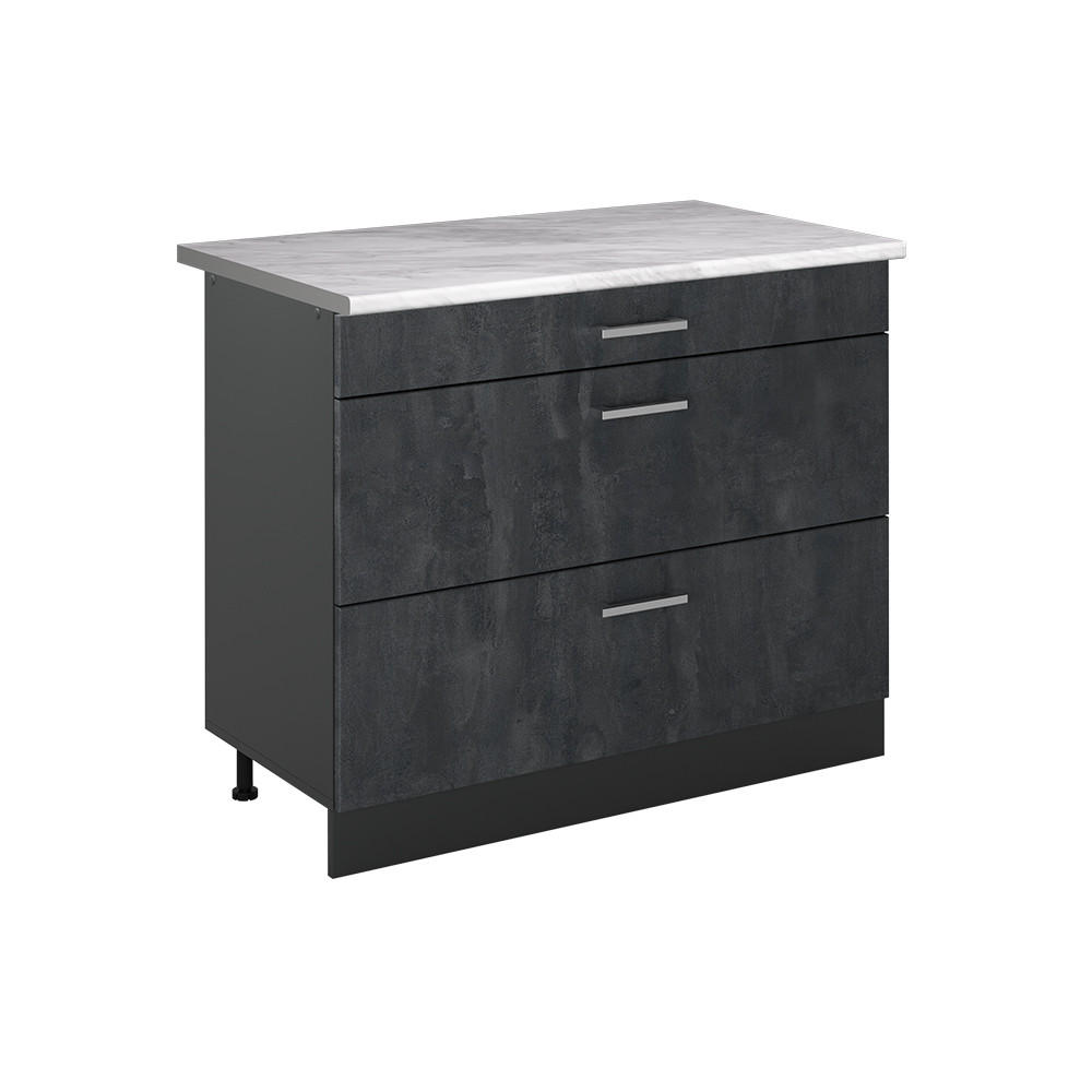 KÜCHENUNTERSCHRANK R-Line, Schwarz Beton/Anthrazit, 100 cm Arbeitsplatte Marmor - Anthrazit/Schwarz, Holzwerkstoff (100/81.6/60cm) - Vicco
