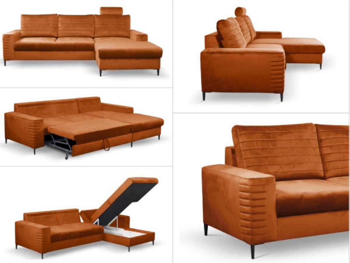 ECKSOFA Rostfarben OLI Ausziehbar Mit Kopfstütze Und Bettkasten Rechts - Kupferfarben, Textil (253/165cm) - Sepro Meble