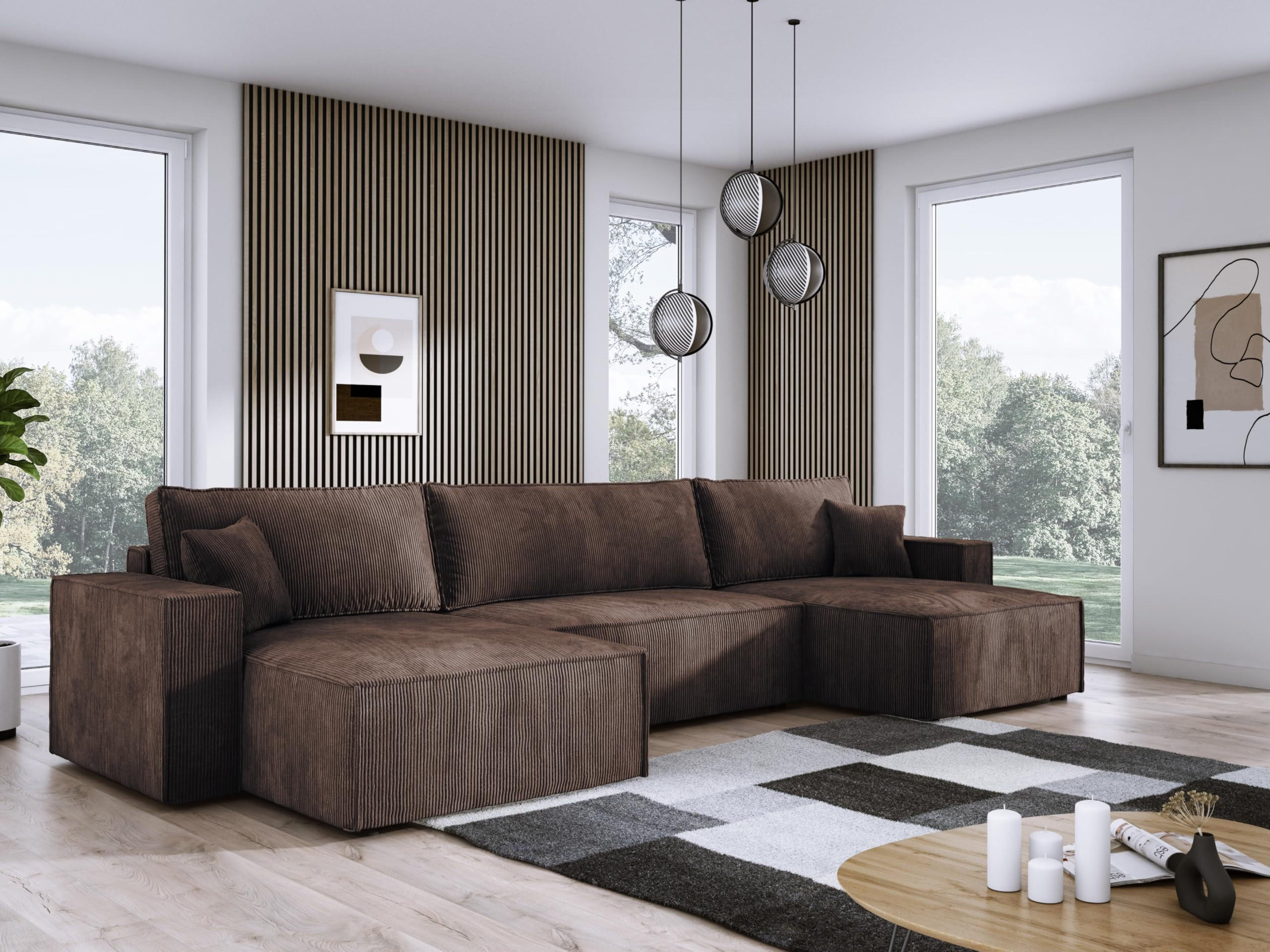 ECKSOFA Poso XXL U-förm, Schlaffunktion, weiche Kissen, Bettkasten, hochwertige Polsterung, lose Rückenkissen, freistehend, 377x143x83 cm Brown - Braun, Holz/Textil (377/83/143cm) - DomoHome
