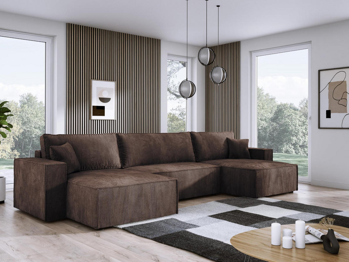 ECKSOFA Poso XXL U-förm, Schlaffunktion, weiche Kissen, Bettkasten, hochwertige Polsterung, lose Rückenkissen, freistehend, 377x143x83 cm Brown - Braun, Holz/Textil (377/83/143cm) - DomoHome