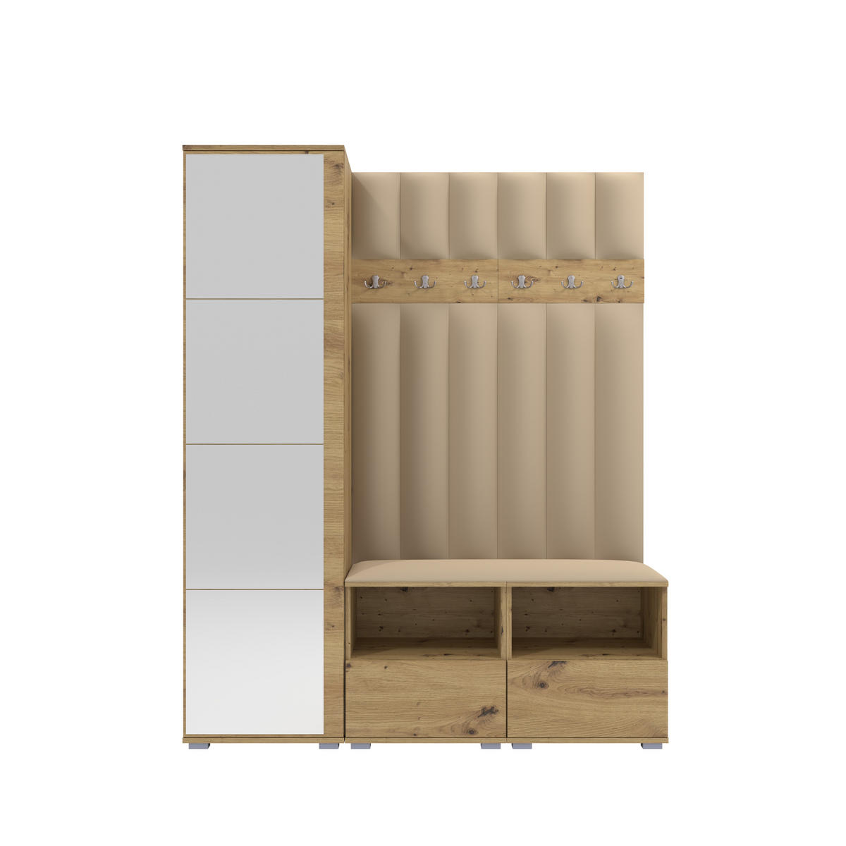 GEPOLSTERT Garderoben-Set Nela II LUX (Spiegel – Farbe Eiche Artisan + Stoff Trinity 04) - Beige/Silberfarben, Holz/Holzwerkstoff (150/187/40cm) - Ravio