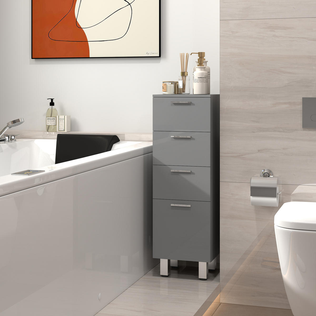BADEZIMMERSCHRANK DE-10545 4 Schubladen, Hochglanz Grau - Grau, Holzwerkstoff (30/93/30cm) - ComfortXL