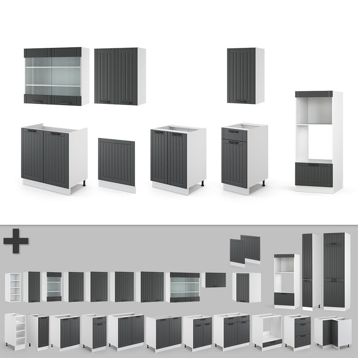 KÜCHENZEILE Fame-Line Anthrazit Landhaus/Weiß 300 cm mit Hochschrank AP Marmor - Dunkelgrau/Weiß, Holzwerkstoff (300/81.6/60cm) - Vicco
