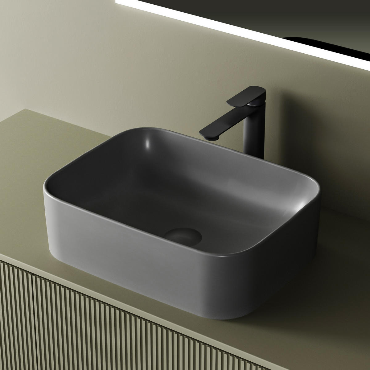 WASCHBECKEN Keramik Rechteck Abgerundete Ecken R Matt dunkelgrau - Schwarz, Keramik (38/15/50.5cm) - EMKE