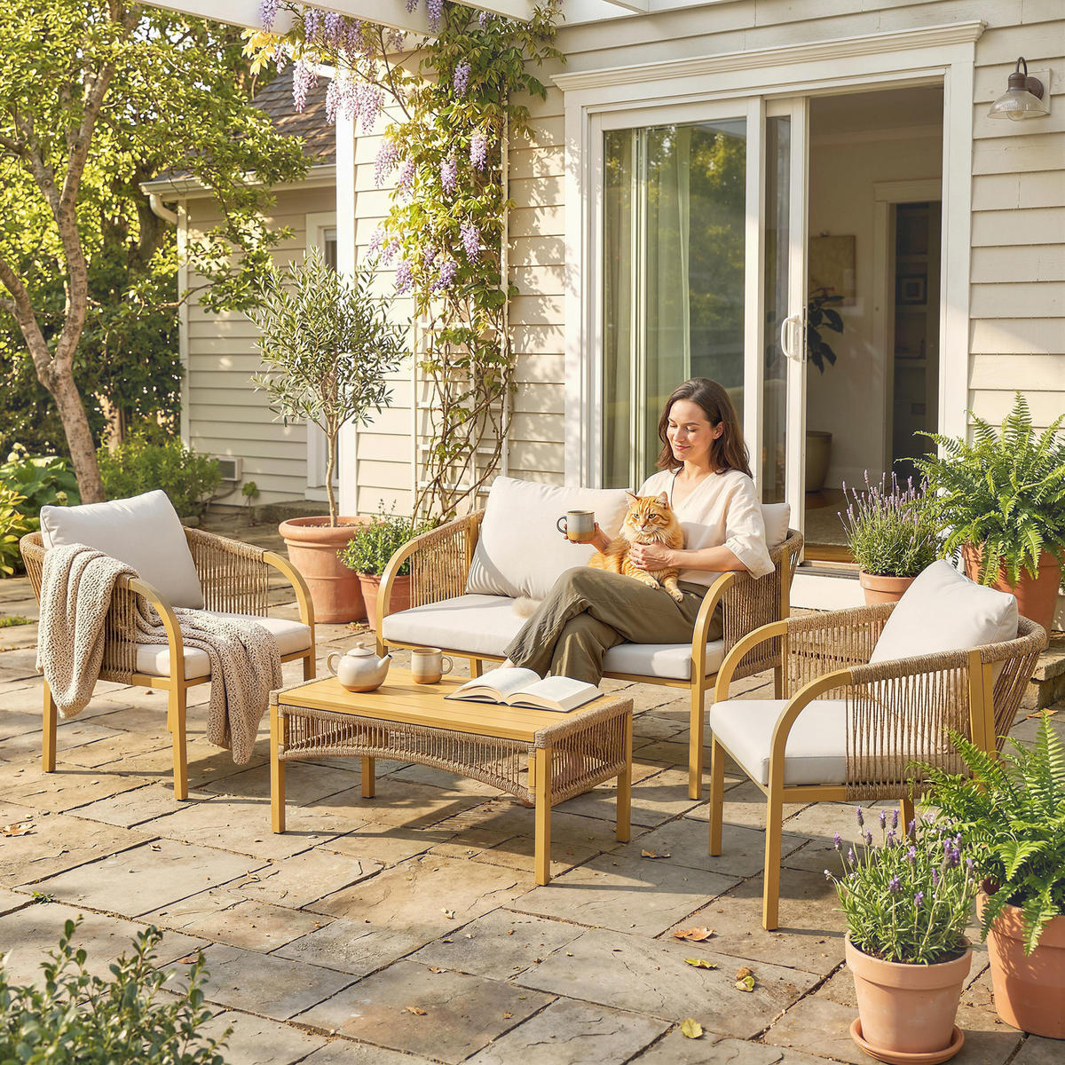 GARTENLOUNGE-SET 4tlg. DE-13719 mit Sofa & 2 Sesseln Kaki - Mokka, Metall - ComfortXL