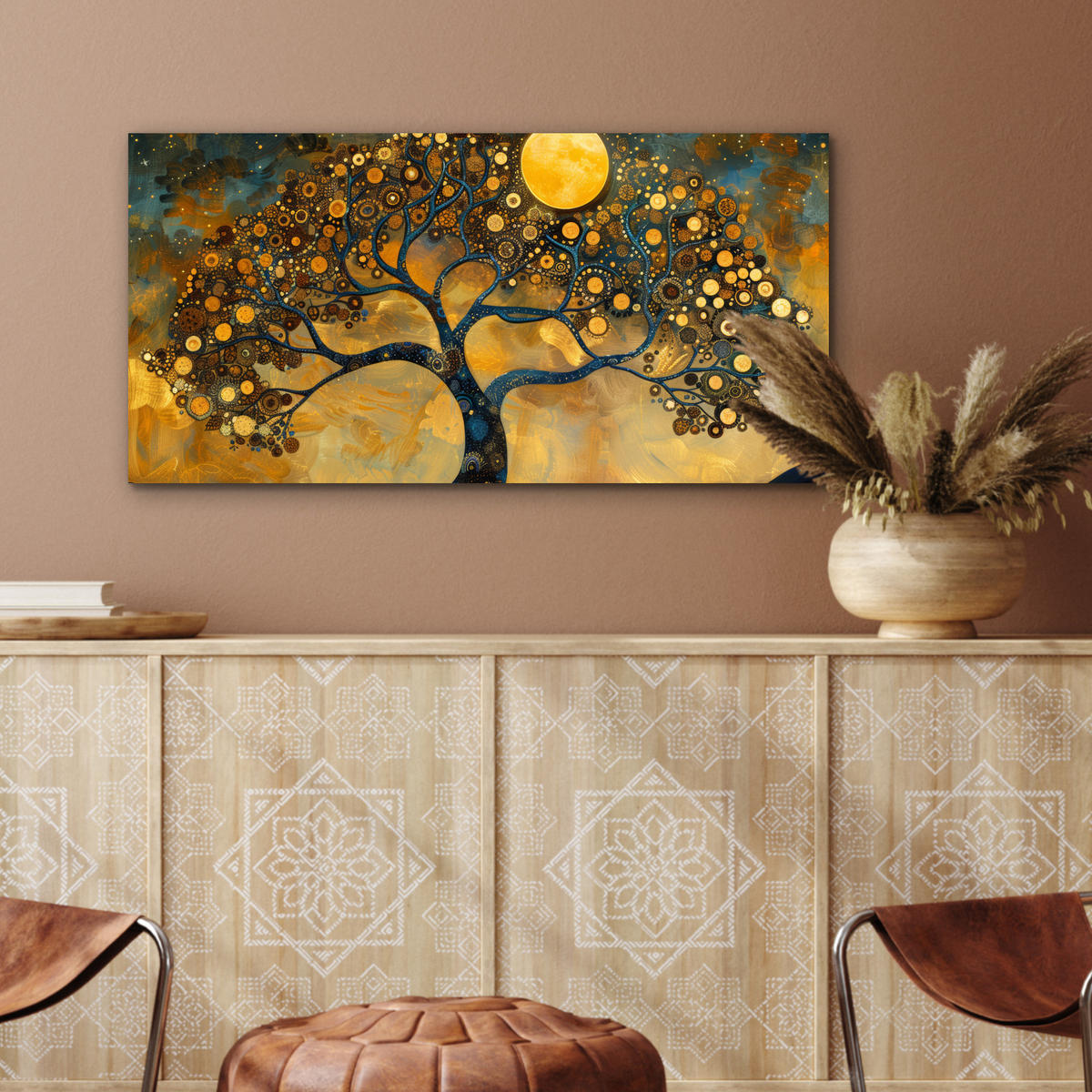 METALLBILD Baum - Mond - Blumen - Gold - Kunst 80x40 cm - Orange, Metall (80/40cm) - MuchoWow