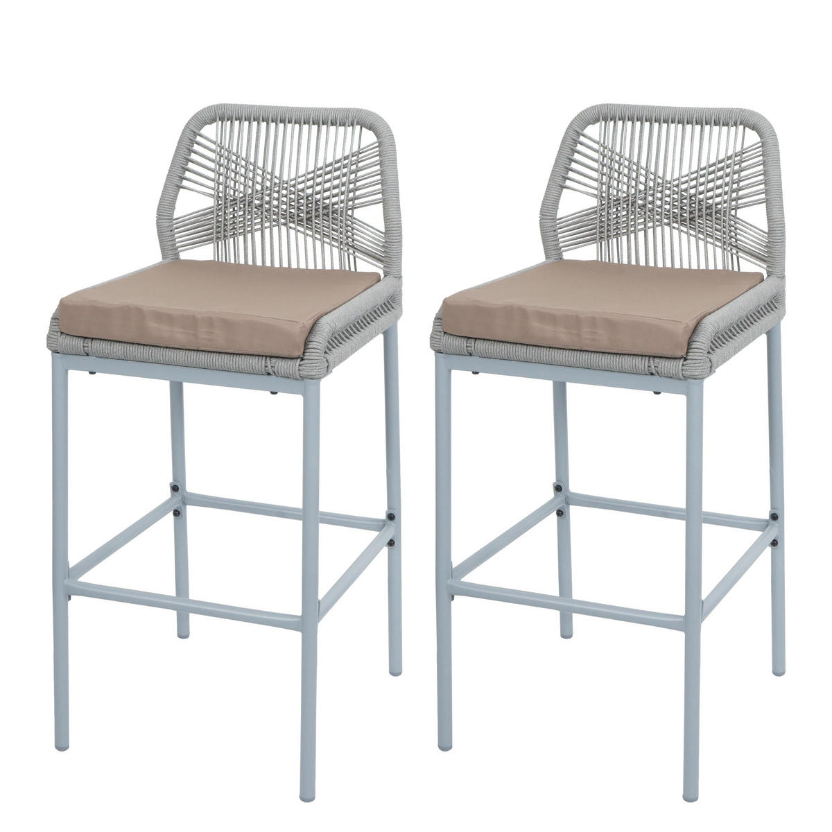 GARTENSTUHL 2er-Set HxBxT 101x45x52cm Sitzhöhe 76cm Hellgrau Kissen Taupe Seilgeflecht Metall - Hellgrau, Metall (45/101/52cm) - PROREGAL