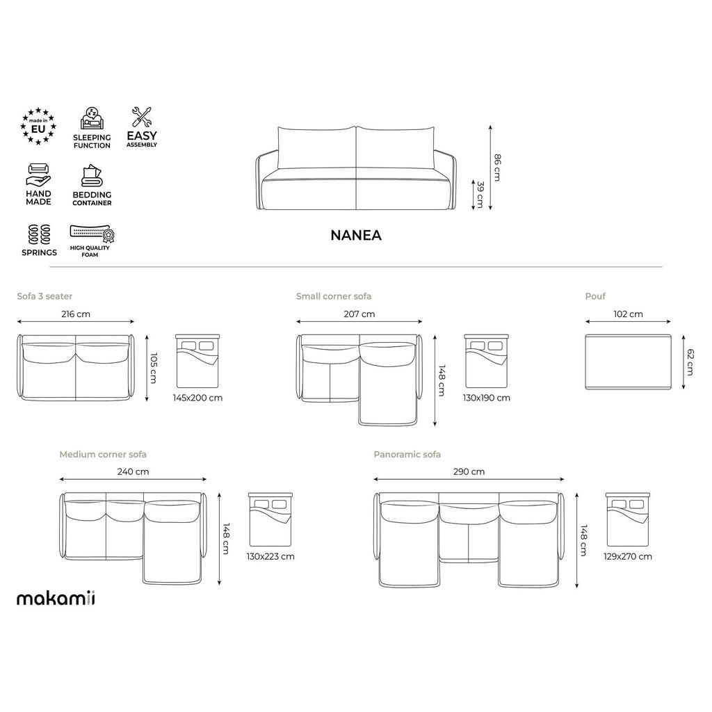 Thumbnail - Makamii 3-Sitzer, Blaugrau, Textil, Füllung: Schaumstoff, 216x86x105 cm, Made in EU, Wohnzimmer, Sofas & Couches, Schlaf...