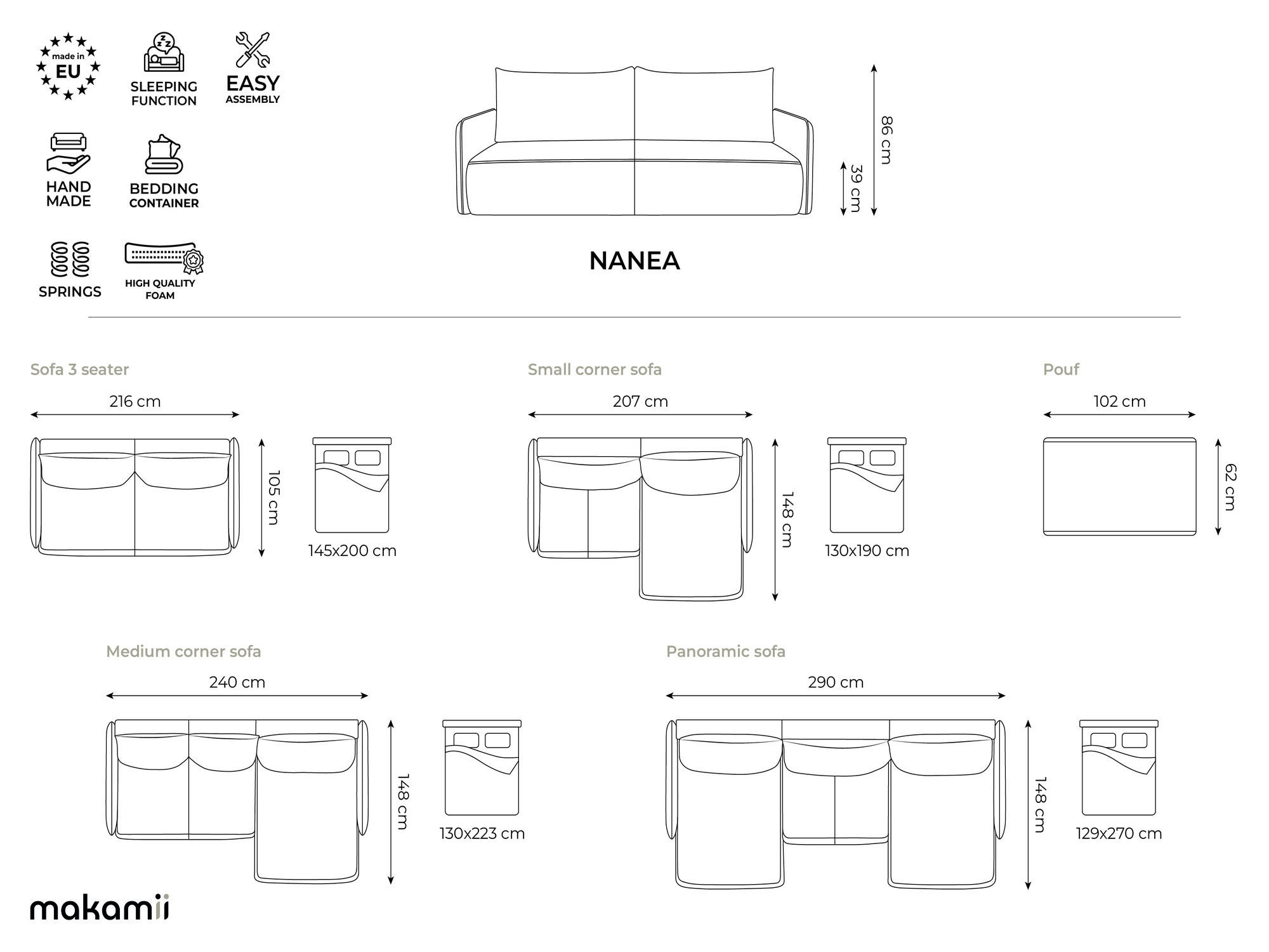 Thumbnail - Makamii Ecksofa, Schiefer, Textil, Füllung: Schaumstoff, L-Form, Ottomane links, 207x148 cm, Made in EU, Wohnzimmer, Sof...