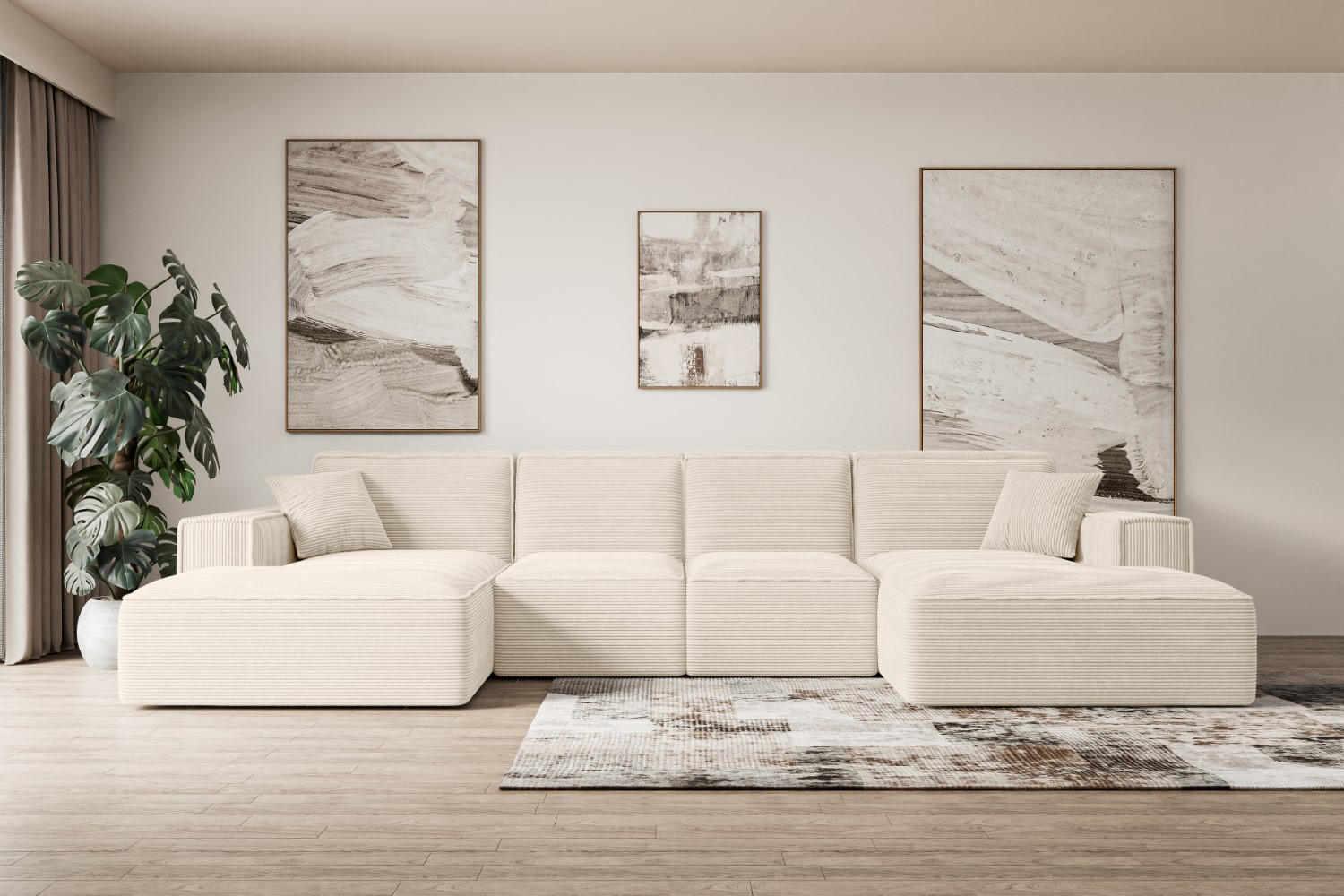 WOHNLANDSCHAFT SIERRA-U - 344x165x73 cm Beige Cord - Beige/Schwarz, Holzwerkstoff/Kunststoff (344/73/165cm) - ALTDECOR