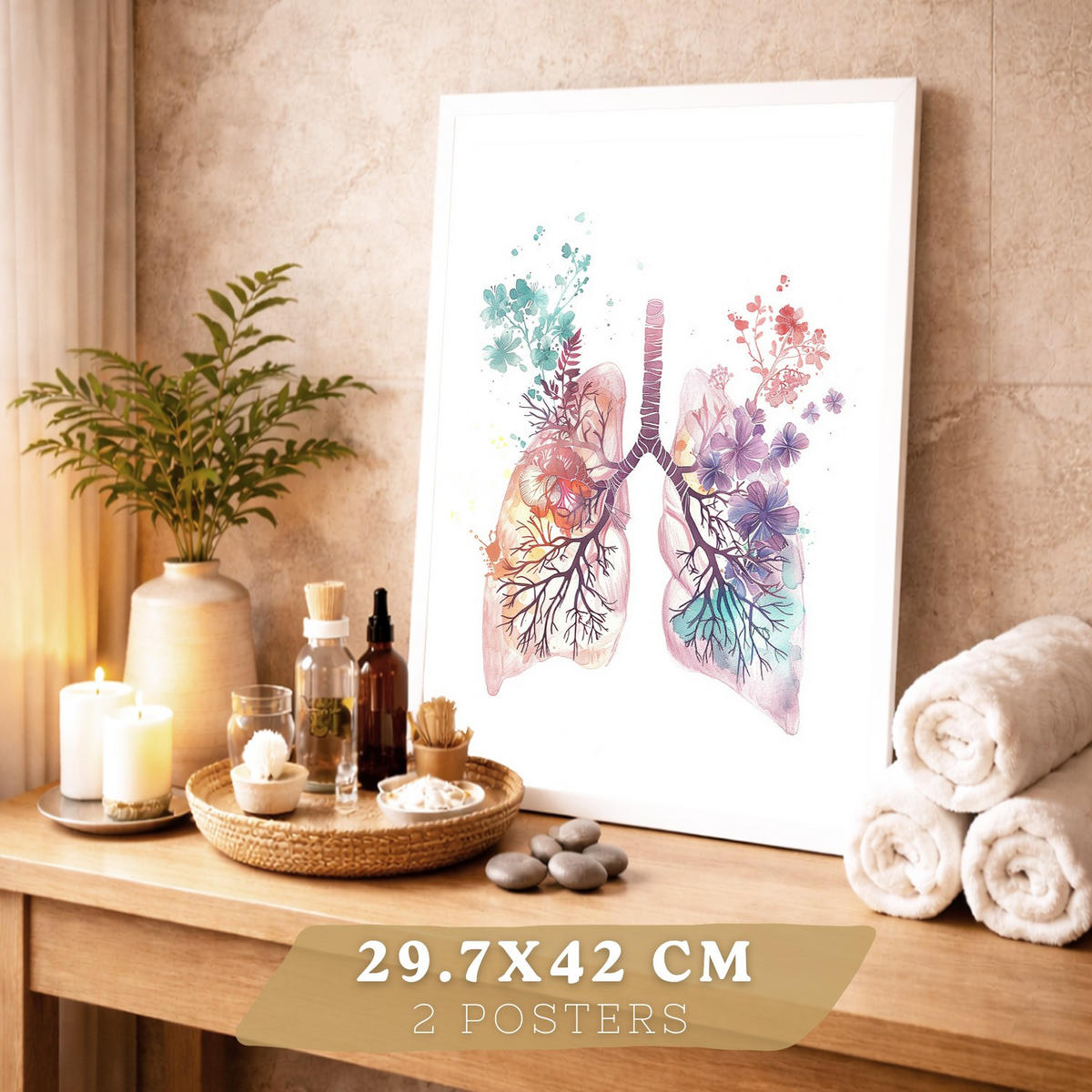 POSTER Set aus 2 Anatomie Mensch Drucke und mit Lungen Luftröhre Bronchien und Gehirn Pastellfarbenes Florales Aquarell Größe Weißer Rahmen A3 - Weiß, Papier (29.7/42/3cm) - Nacnic
