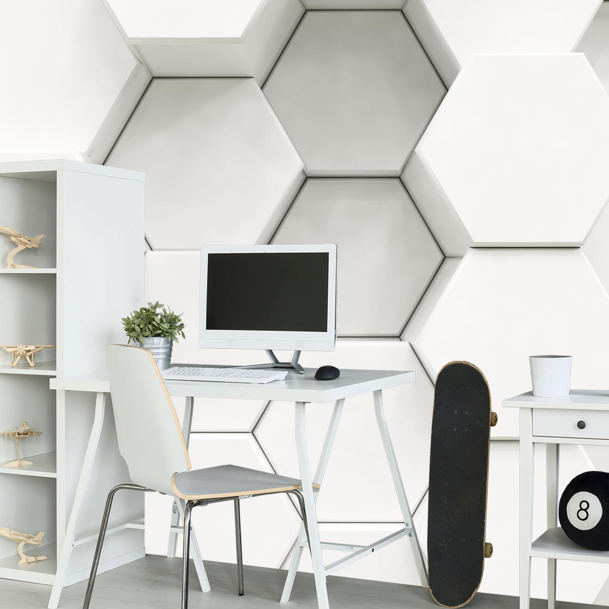 FOTOTAPETE für Wohnzimmer Hexagone Formen Geometrie 350x256 - Weiß/Grau, Papier (350/256cm) - Muralo