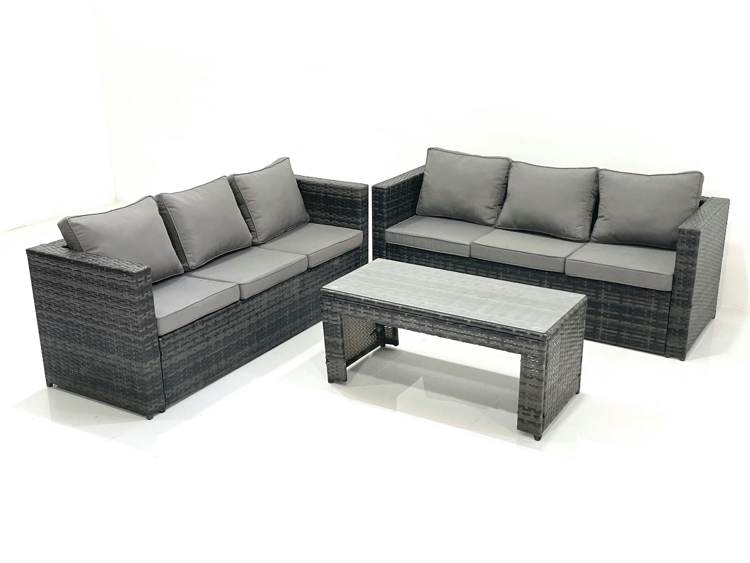 GARTENMÖBEL COUCHTISCH SET mit Sofa Polyrattan Outdoor 6-Sitzer - Dunkelgrau/Grau, Glas/Kunststoff - Fimous