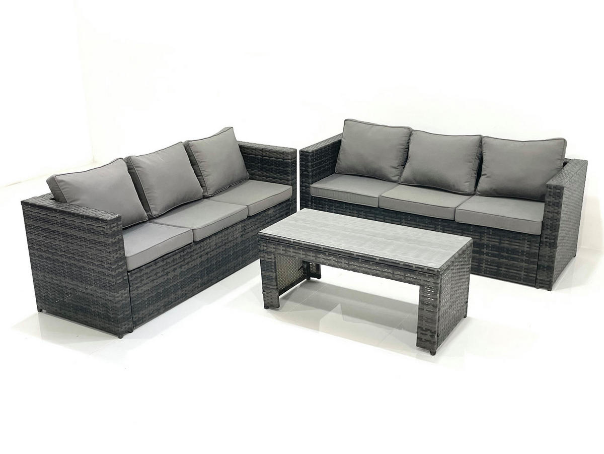 GARTENMÖBEL COUCHTISCH SET mit Sofa Polyrattan Outdoor 6-Sitzer - Dunkelgrau/Grau, Glas/Kunststoff - Fimous