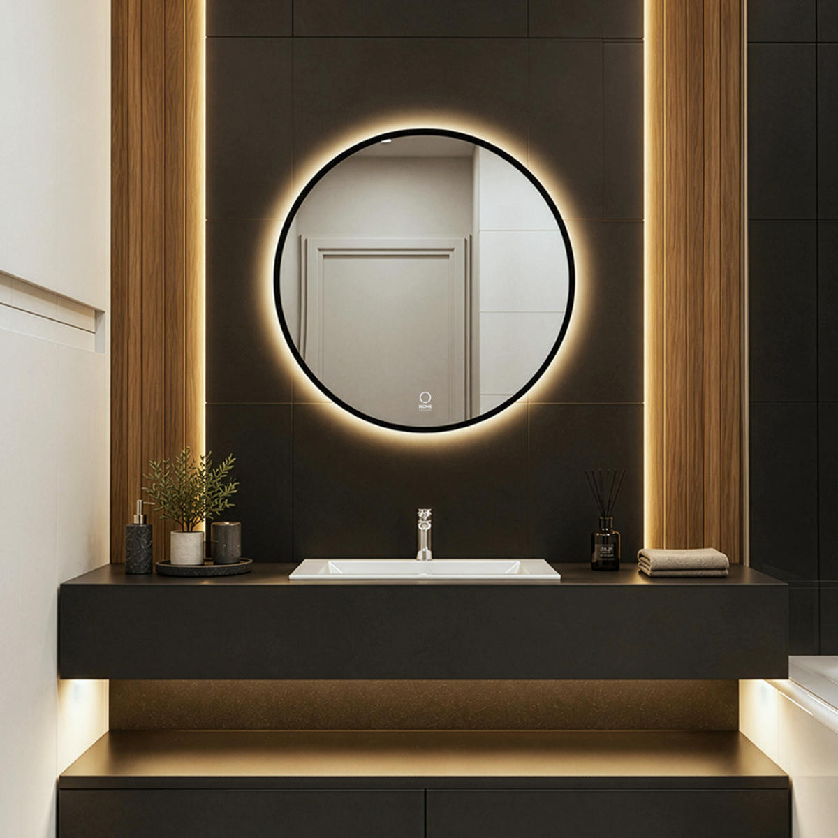LED-SPIEGEL Rund DUBI - 100 cm - Schwarz, Glas (100/100/2.9cm) - Home Deluxe
