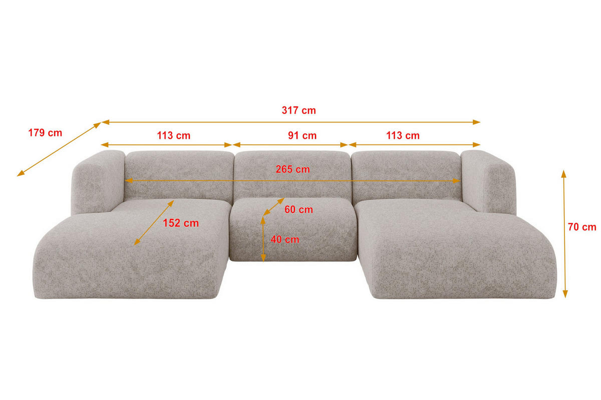 WOHNLANDSCHAFT MIRA-U1 317x179x70 Hellgrau Velours - Hellgrau/Schwarz, Holzwerkstoff/Kunststoff (317/70/179cm) - ALTDECOR