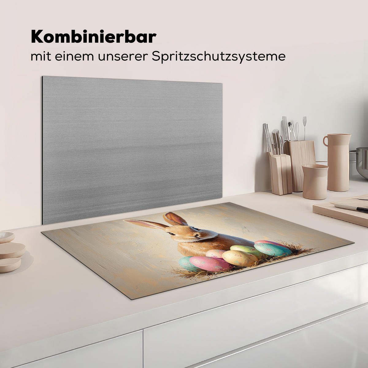 HERDABDECKPLATTE Osterhase - Pastell - Eier Induktionsschutz 81.6x52.7 cm - Beige, Kunststoff (81.6/52.7/0.2cm) - MuchoWow