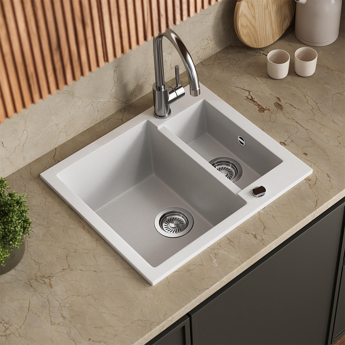 SPÜLBECKEN Prag Weiß 58 x 50 cm mit 2 Spülen - Weiß, Keramik (58/28/50cm) - Bergstroem