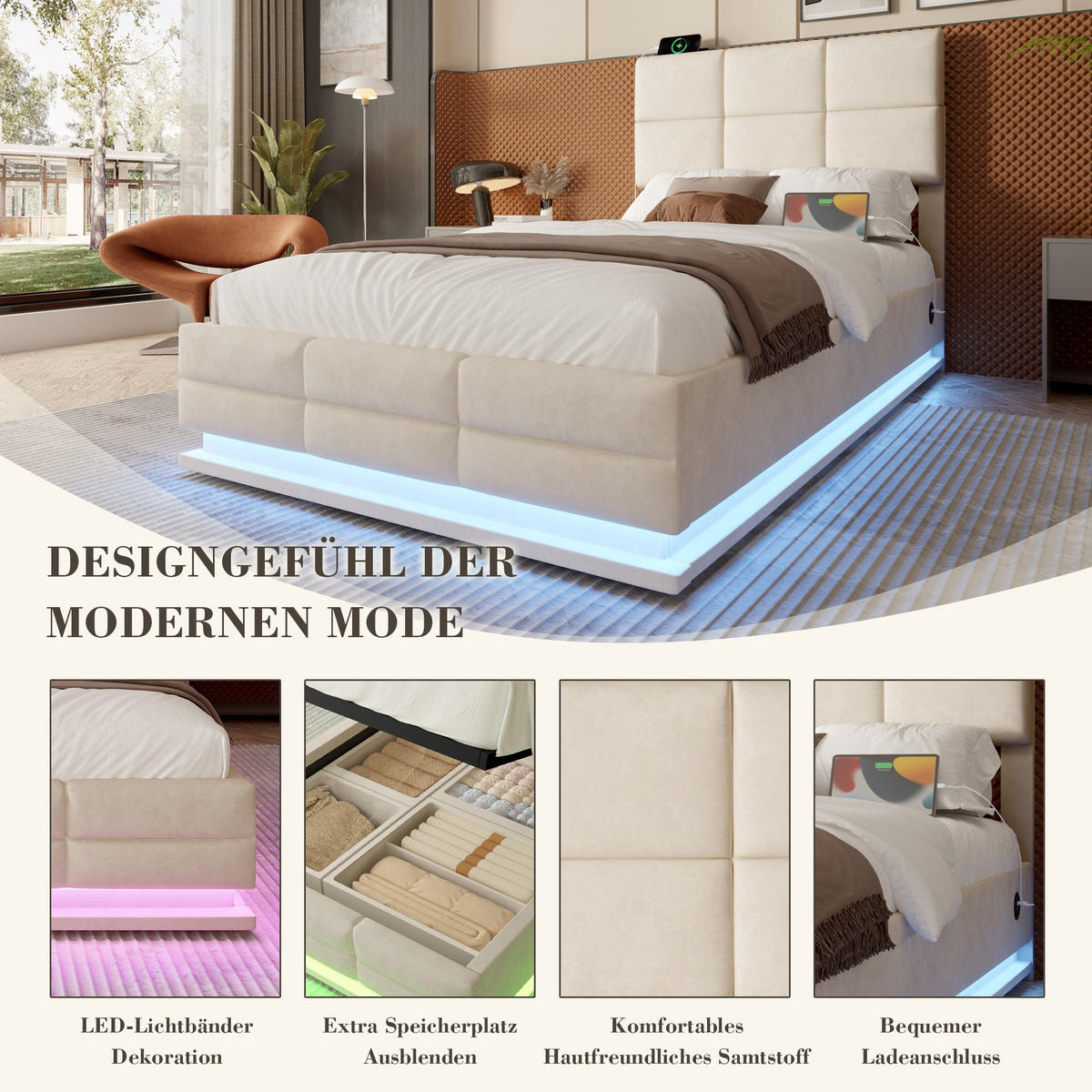BOXBETT 90/200 mit Bettkasten, LED, USB/Typ C-Ladeanschluss,Samt,Beige - Beige, Holz (90/200cm) - LVHOM