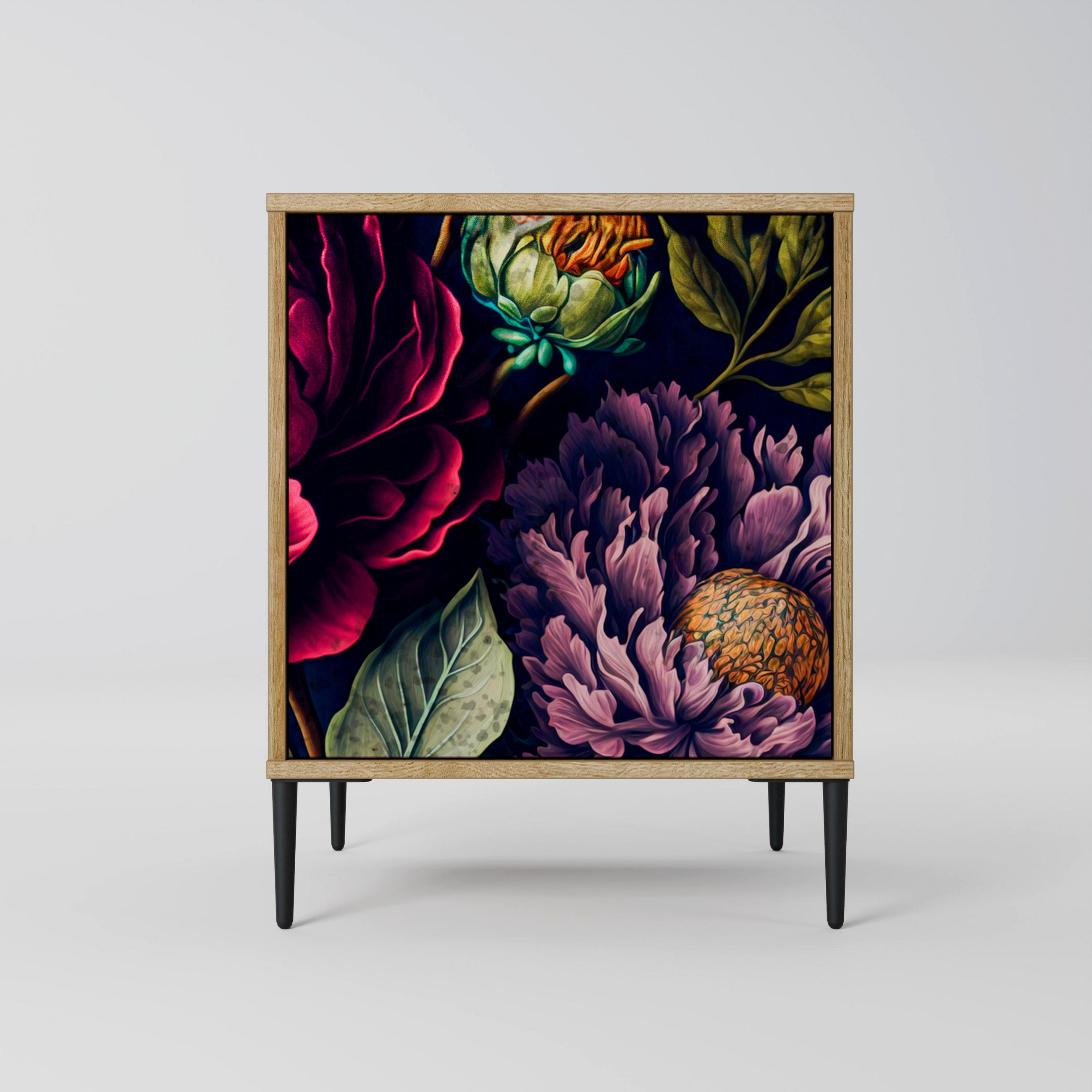 SIDEBOARD BLOOMING ELEGANCE, Eichefarben, 57,5x42x72,5 cm, Schwarze Metallfüße - Eichefarben/Multicolor, Holzwerkstoff/Metall (57.5/72.5/42cm) - SpaceRebels