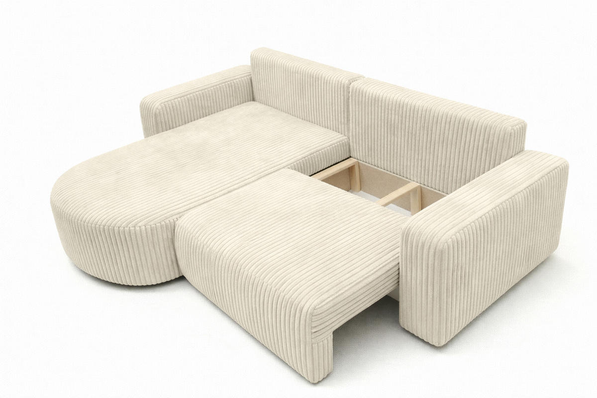 ECKSOFA Mit Schlaffunktion, Cordstoff Tilia, Ecru, Links, ROUND ONE - Ecru, Holz (244/175cm) - Kaiser Möbel