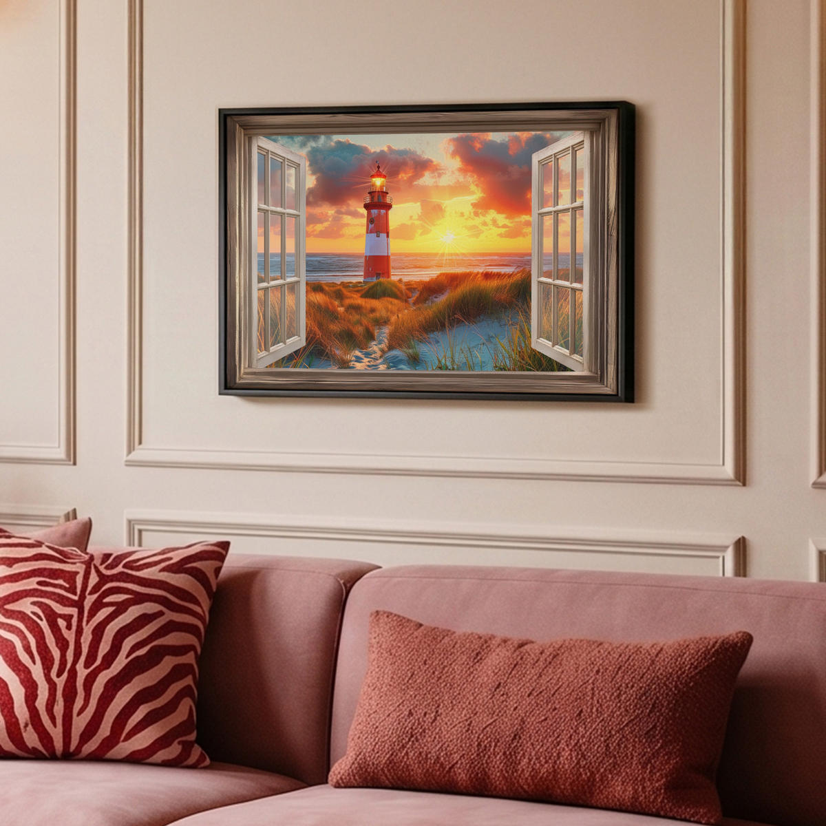 LEINWAND Bilder mit Rahmen - Aussicht - Fenster - Leuchtturm - Sonnenuntergang - Strand - 60x40 - Dunkelorange, Textil (60/40cm) - MuchoWow