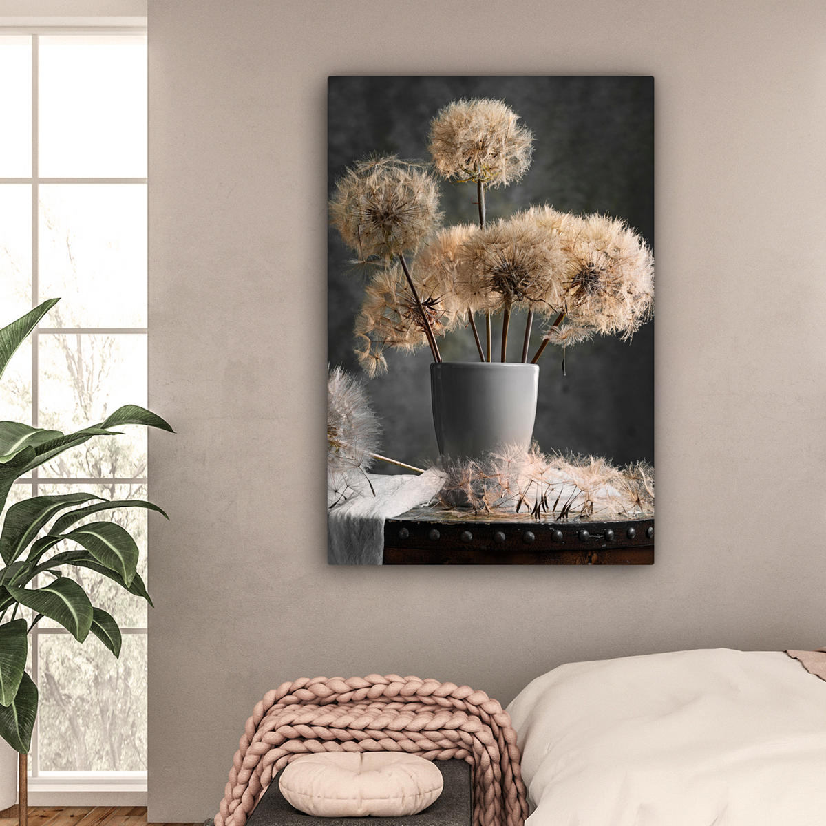 LEINWANDBILD Blumensamen - Löwenzahn - Vase - Stilleben - Blumenstrauß 80x120 cm - Dunkelgrau, Textil (80/120cm) - MuchoWow